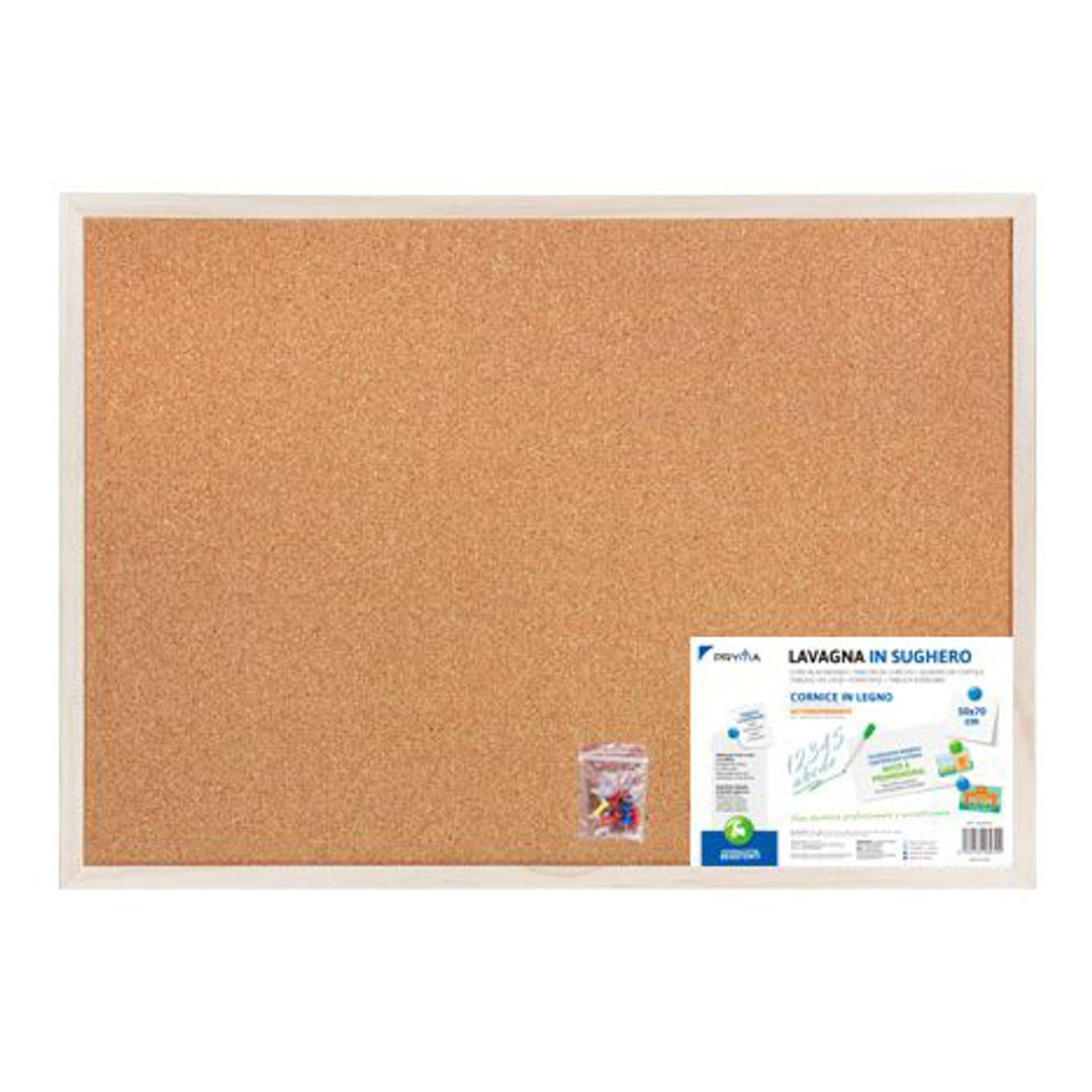 Pryma Lavagna in Sughero da Parete – Bacheca con 7 Puntine Incluse – Pannello Porta Appunti per Ufficio, Casa e Scuola (50x70 cm)