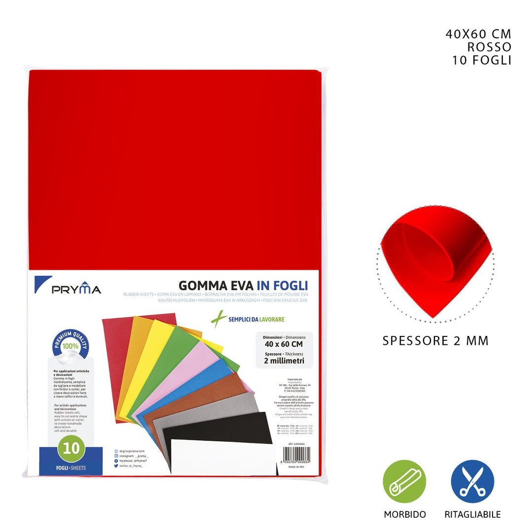 [2 PZ] Pryma Foglio Gomma Eva 40X60Cm 2Mm Rosso