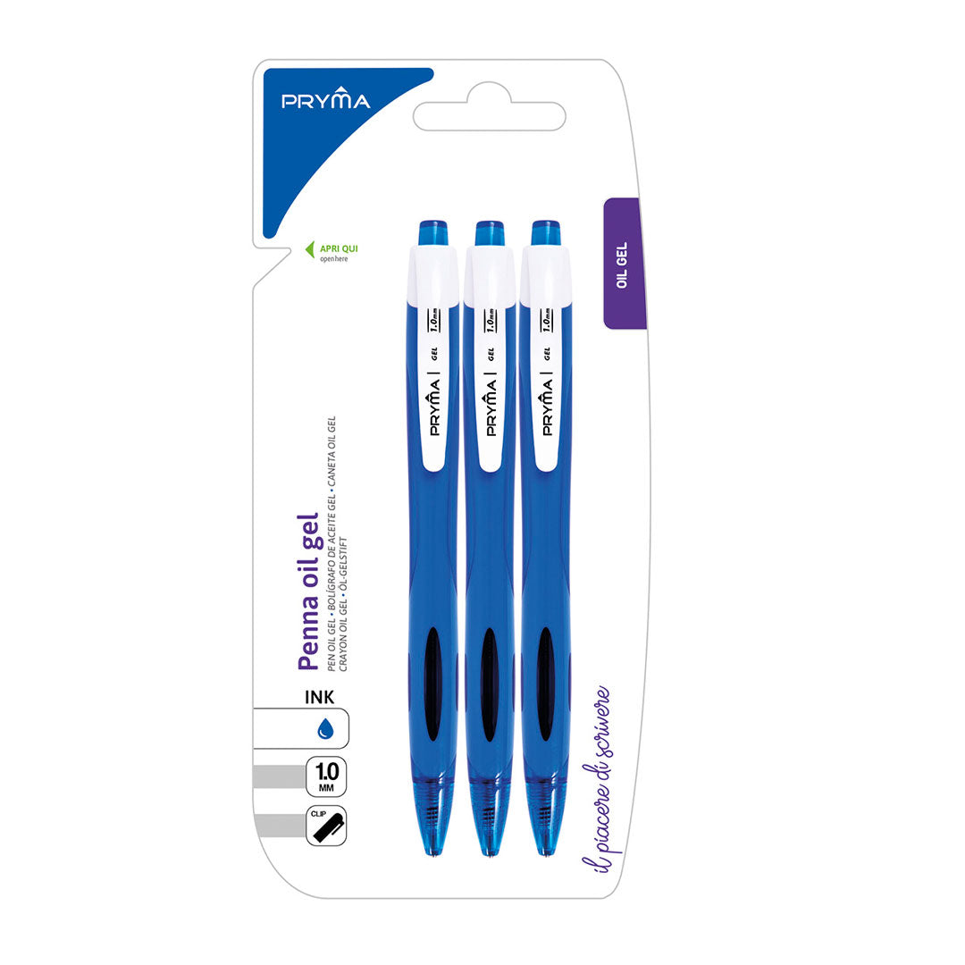 Pryma Penna Oil Gel Sleek Tris – Set 3 Pezzi, Punta 1,0 Mm, Inchiostro Blu Scorrevole e Duraturo