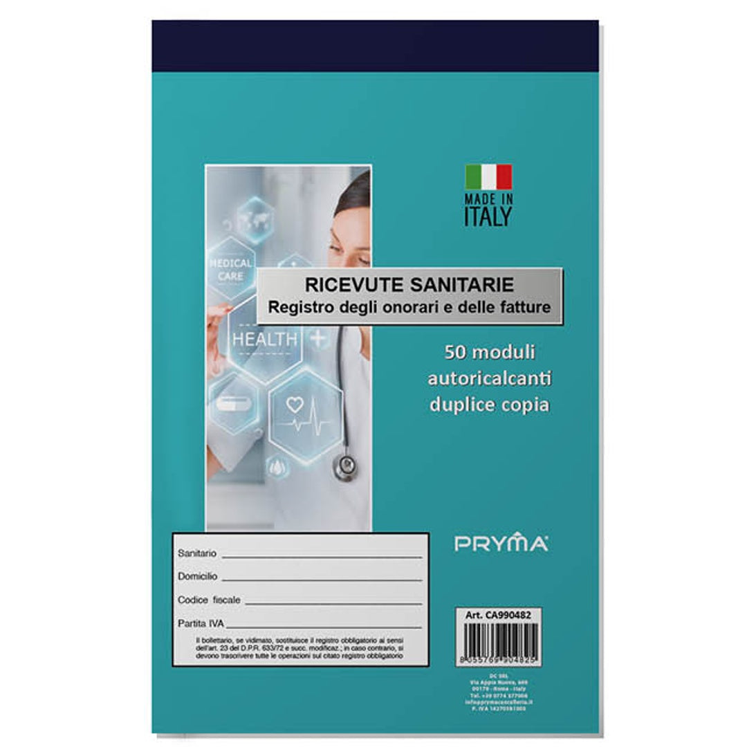 Pryma Blocco Ricevute Sanitarie – 2 Copie Autoricalcanti, 50x50 Fogli, Formato 23x15 cm, Ideale per Studi Medici e Professionisti