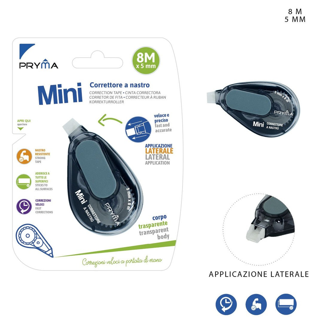 Pryma Correttore a Nastro Clip Soft | 5mm x 8m – Correzione Precisa e Scorrevole, Scrittura Immediata, Design Ergonomico, Ideale per Scuola, Ufficio e Casa