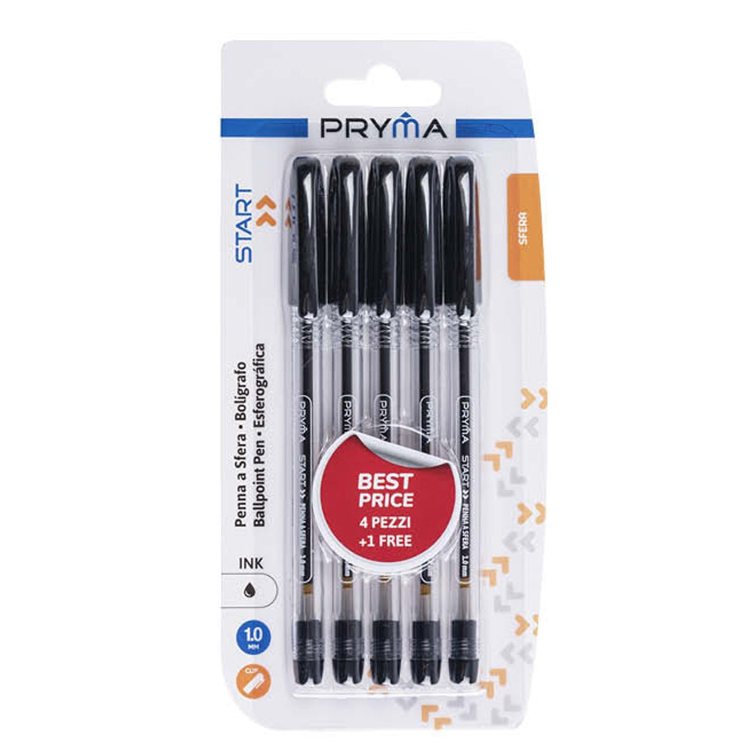 Pryma Penna a Sfera Start 1 mm – Confezione da 5 Pz – Penne a Sfera per Scuola, Ufficio e Casa (Nero)