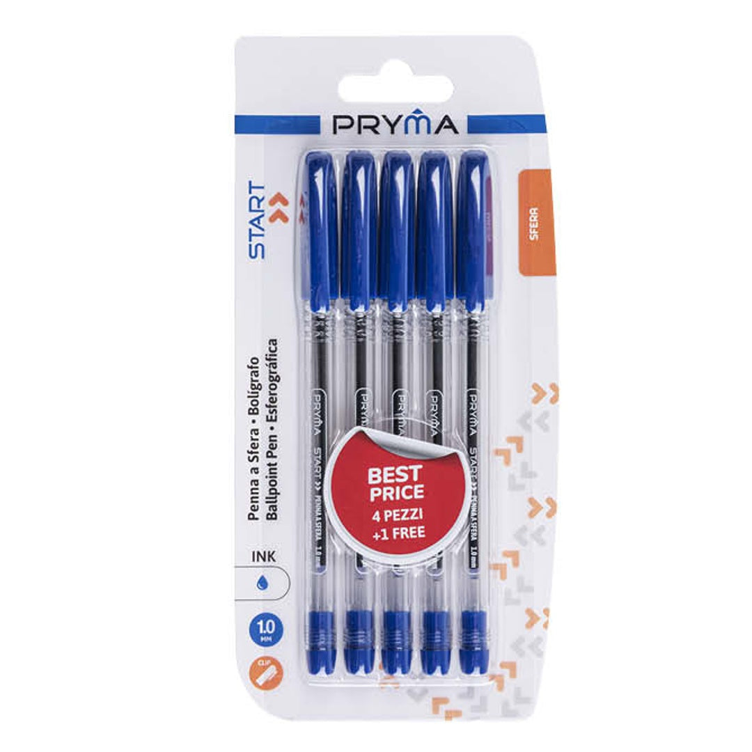 Pryma Penna a Sfera Start 1 mm – Confezione da 5 Pz – Penne a Sfera per Scuola, Ufficio e Casa (Blu)