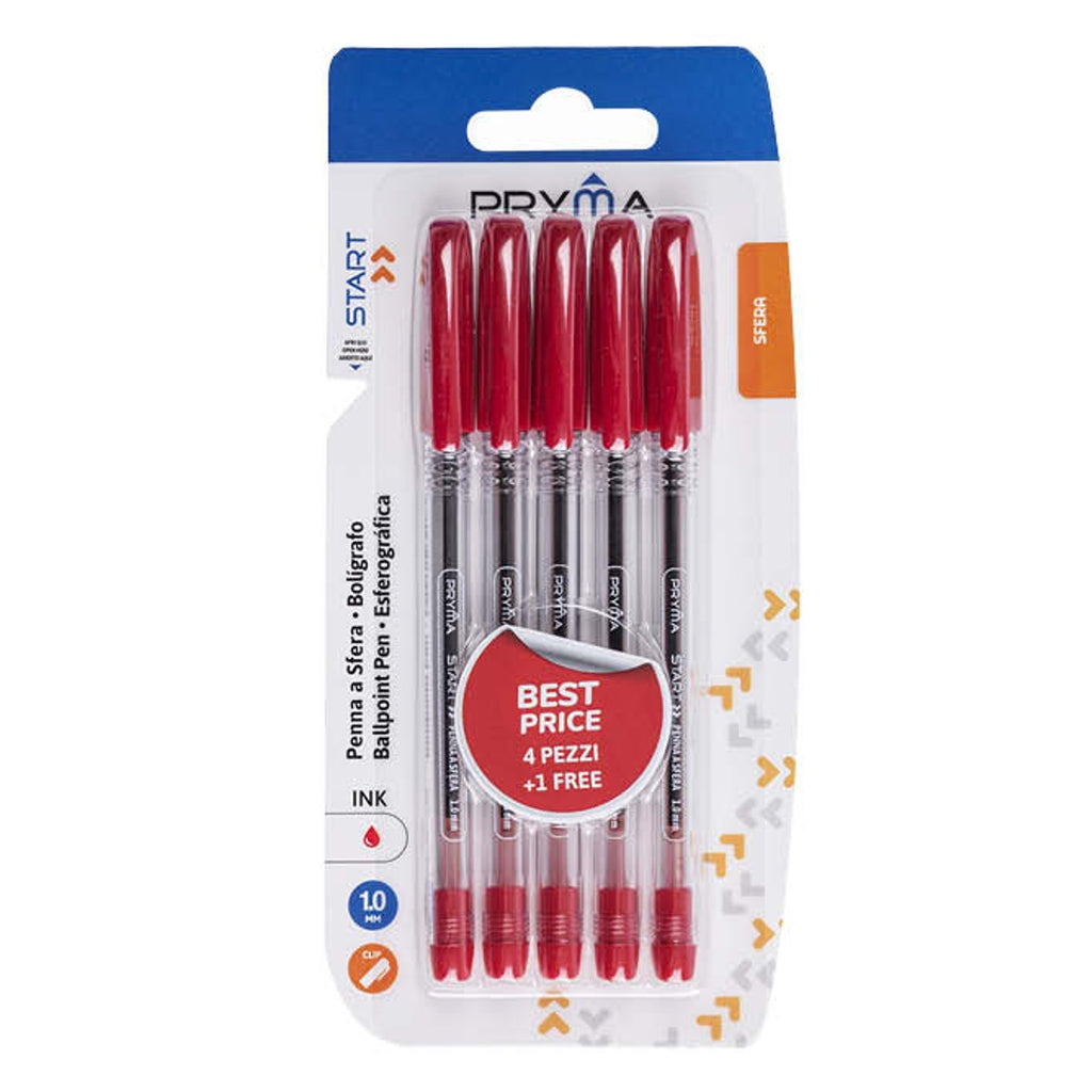 Pryma Penna a Sfera Start 1 mm – Confezione da 5 Pz – Penne a Sfera per Scuola, Ufficio e Casa (Rosso)