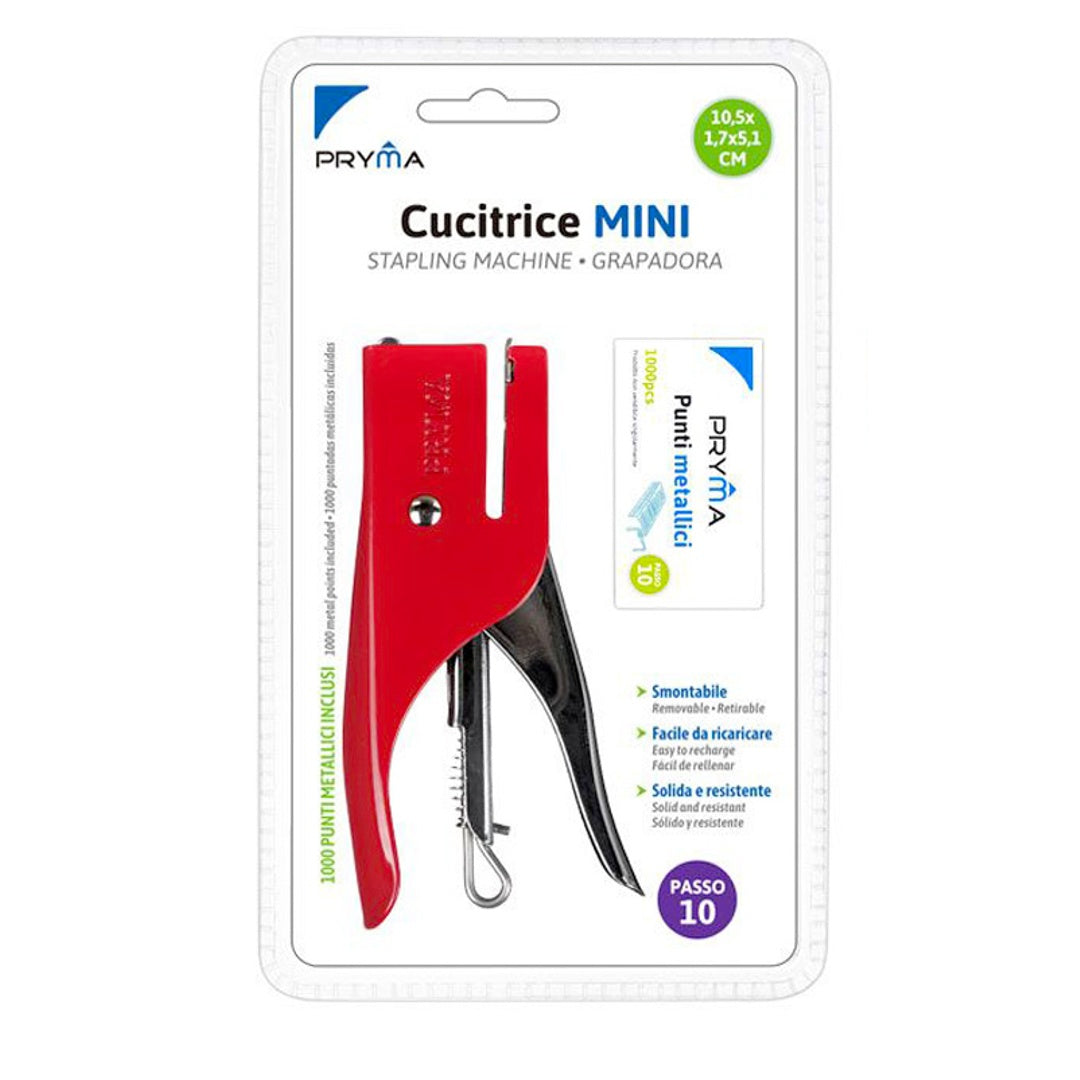 Pryma Cucitrice Metallica Mini 10,5x1.7x5,1 Cm, Graffettatrice Compatta da Tavolo, Portatile per Ufficio, Scuola e Casa (Rosso)