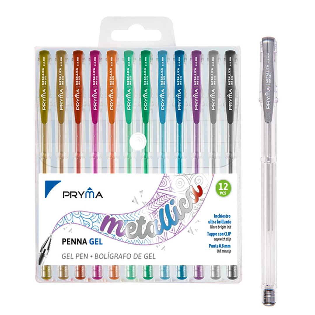 Pryma Set 12 Penne Gel Metallic | Punta 0,8 Mm – Inchiostro Ultra Lucente