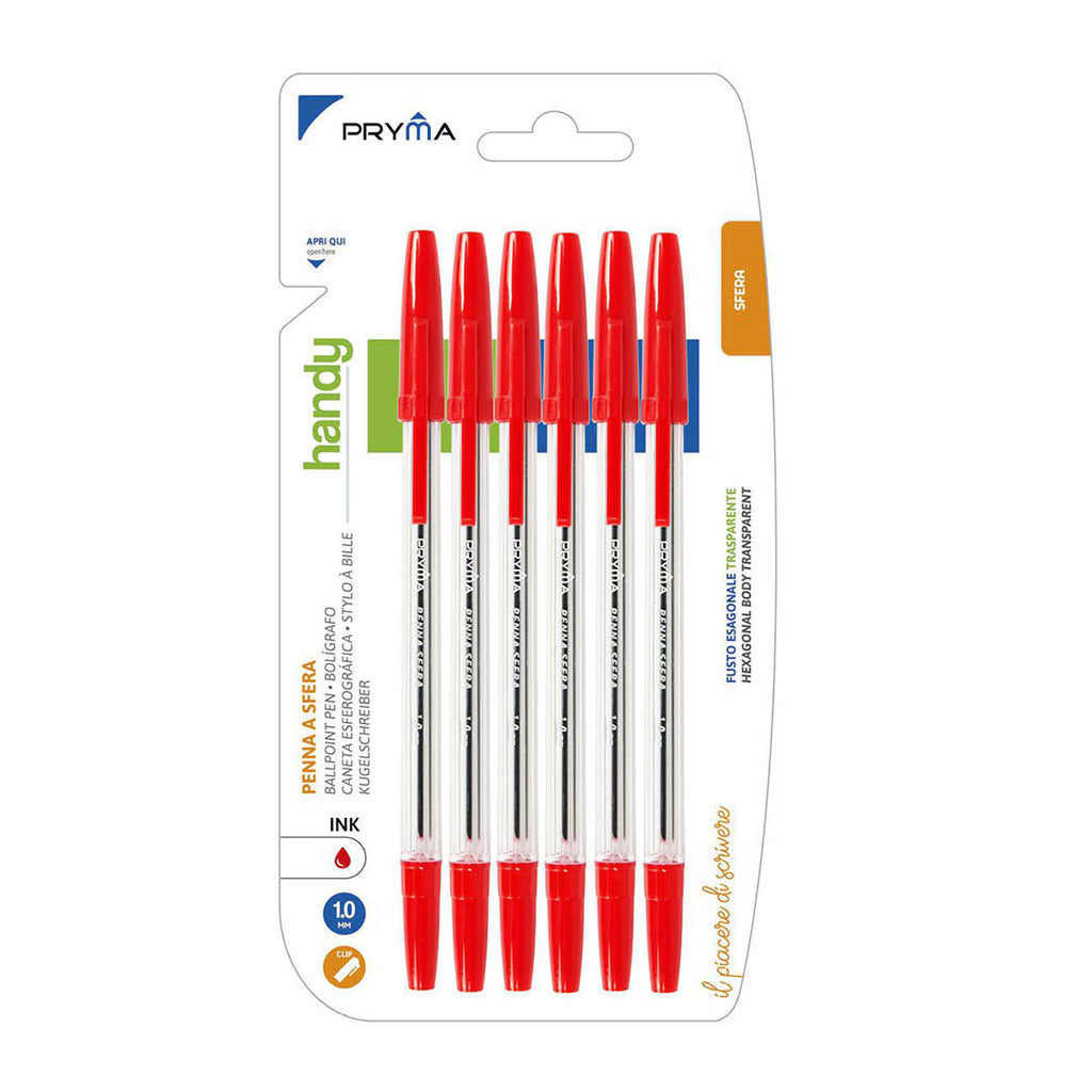 Pryma Penna a Sfera Handy con Fusto Trasparente, Punta da 1 mm – Scrittura Fluida e Precisa (Rosso, 6 pezzi)