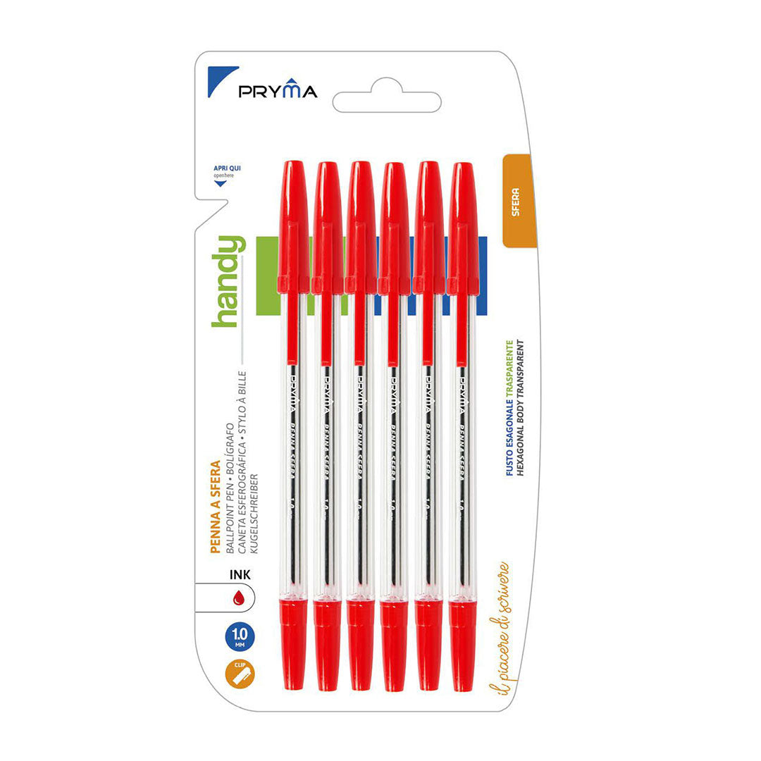 Pryma Penna a Sfera Handy con Fusto Trasparente, Punta da 1 mm – Scrittura Fluida e Precisa (Rosso, 6 pezzi)