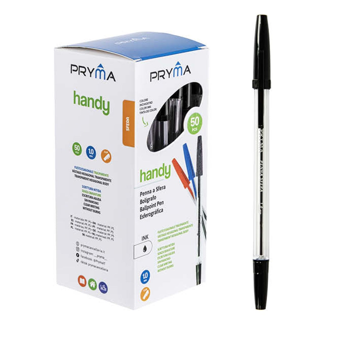 Pryma Handy Penna Sfera Punta Media 1 Mm Confezione da 50 Penne Color Nero