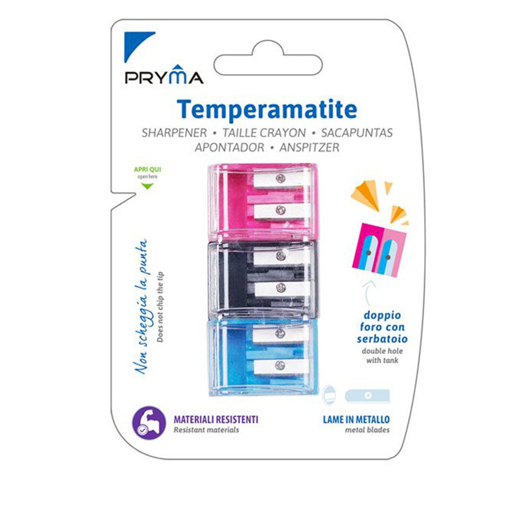 Pryma Temperamatite Doppio Foro - Set di 3 Pezzi Colorati con Lame in Metallo e Serbatoio, Ideale per Matite e Pastelli