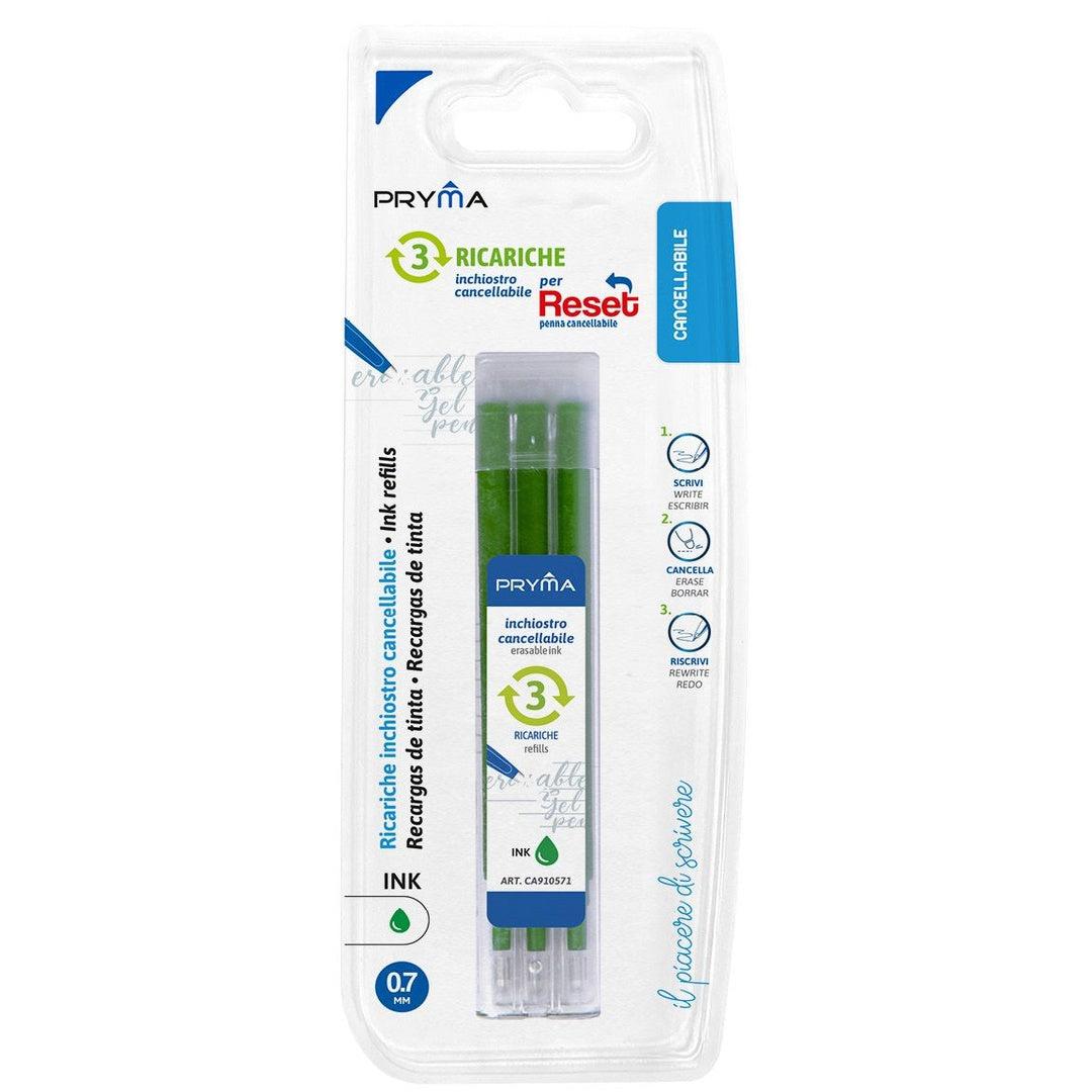 Pryma Reset Penna Cancellabile Termica, Ricaricabile, Inchiostro Gel, Tappo Clip 0.7 Mm, per Scuola e Ufficio (Verde, Ricariche)