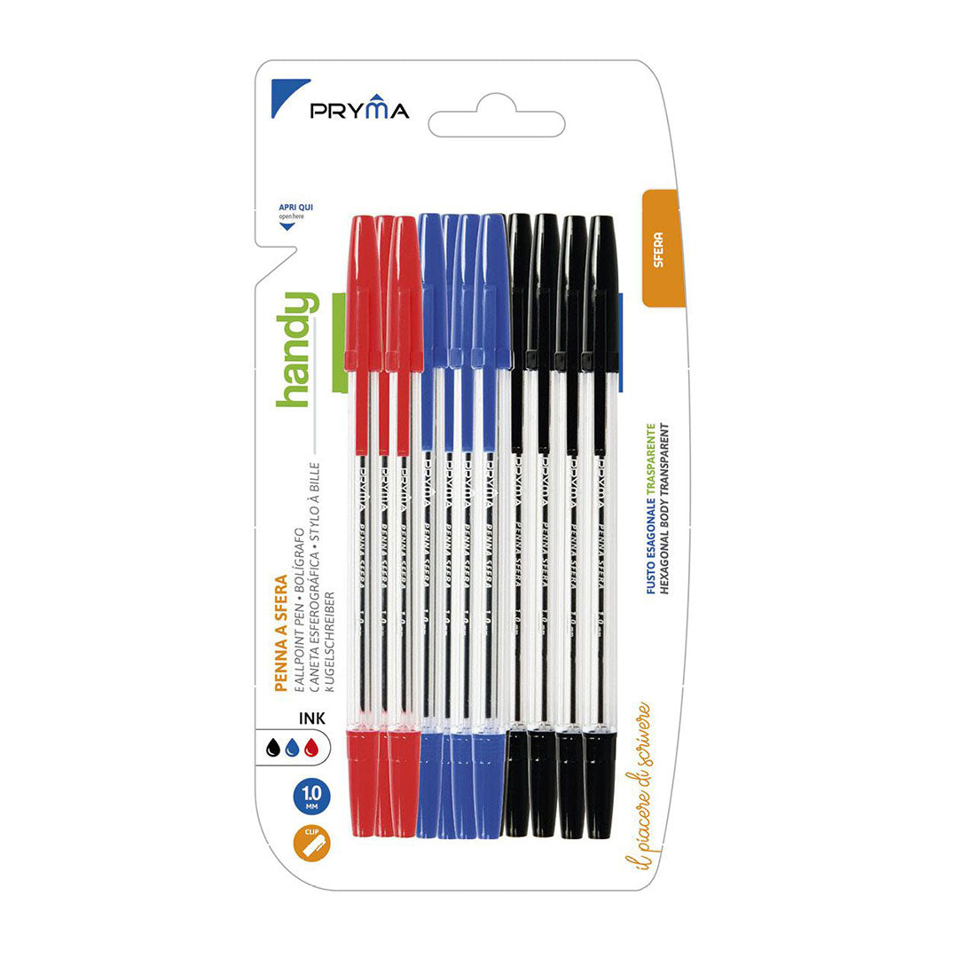 Penna A Sfera Handy | 1 Mm - 12 Pezzi (Nero, Blu, Rosso)