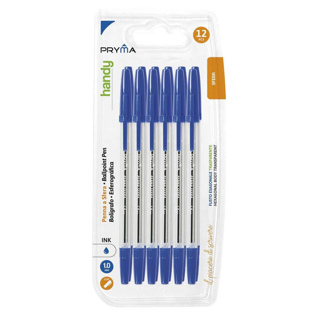Pryma Penna a Sfera Handy con Fusto Trasparente, Punta da 1 Mm – Scrittura Fluida e Precisa (Blu, 12 Pezzi)
