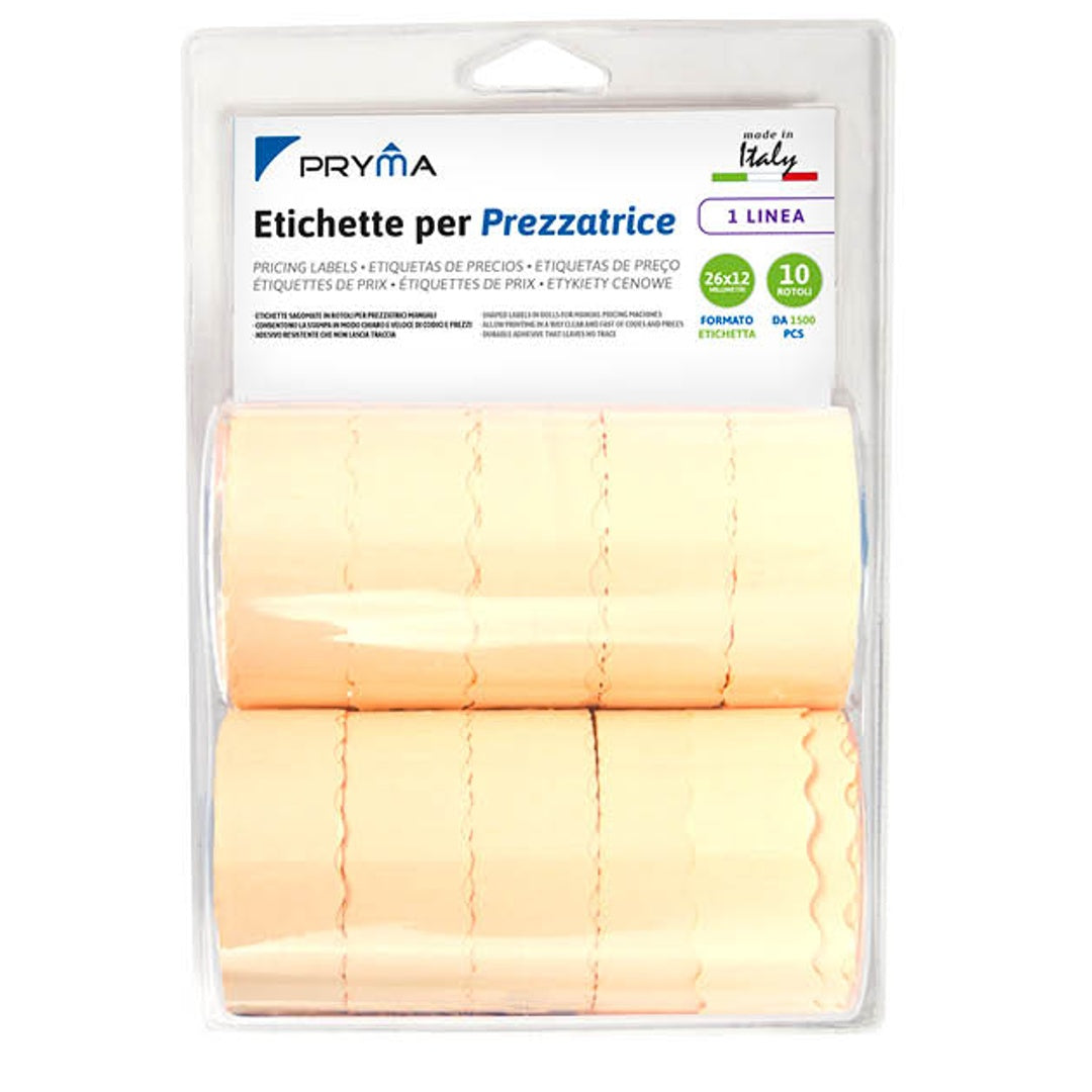 Pryma Etichette Adesive per Prezzi – 1 Linea 26x12mm, Confezione da 10 Rotoli, Colore Arancione, Compatibili con Etichettatrici Manuali