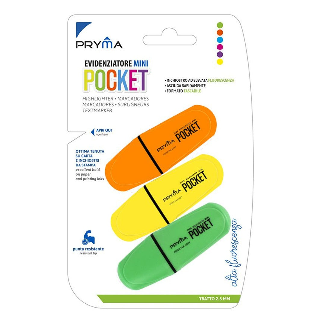 Pryma Evidenziatore Mini Pocket – Set 3 Pezzi Fluo (Verde, Giallo, Arancione) | Punta Scalpello 2-5 Mm, Inchiostro Brillante e Lunga Durata