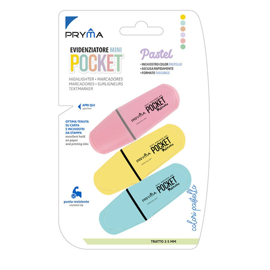 Pryma Evidenziatore Mini Pocket – Set 3 Pezzi Pastel (Rosa, Giallo, Azzurro) | Punta Scalpello 2-5 Mm, Inchiostro Brillante e Lunga Durata