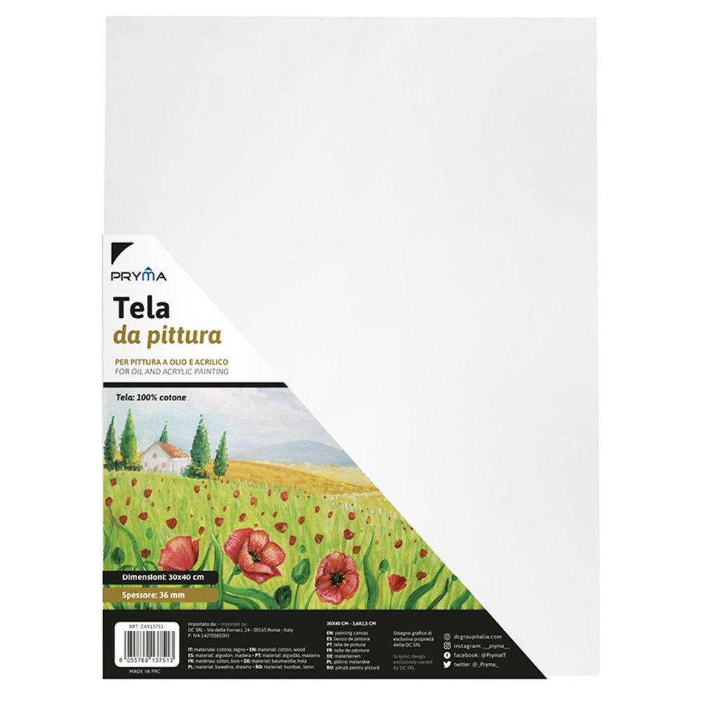 Pryma Tela per Pittura Altezza di 3,6 cm - Tela per Artisti, 100% Cotone, Pronta all'Uso, Ideale per Colori a Olio, Acrilici e Tempere (30x40 cm)