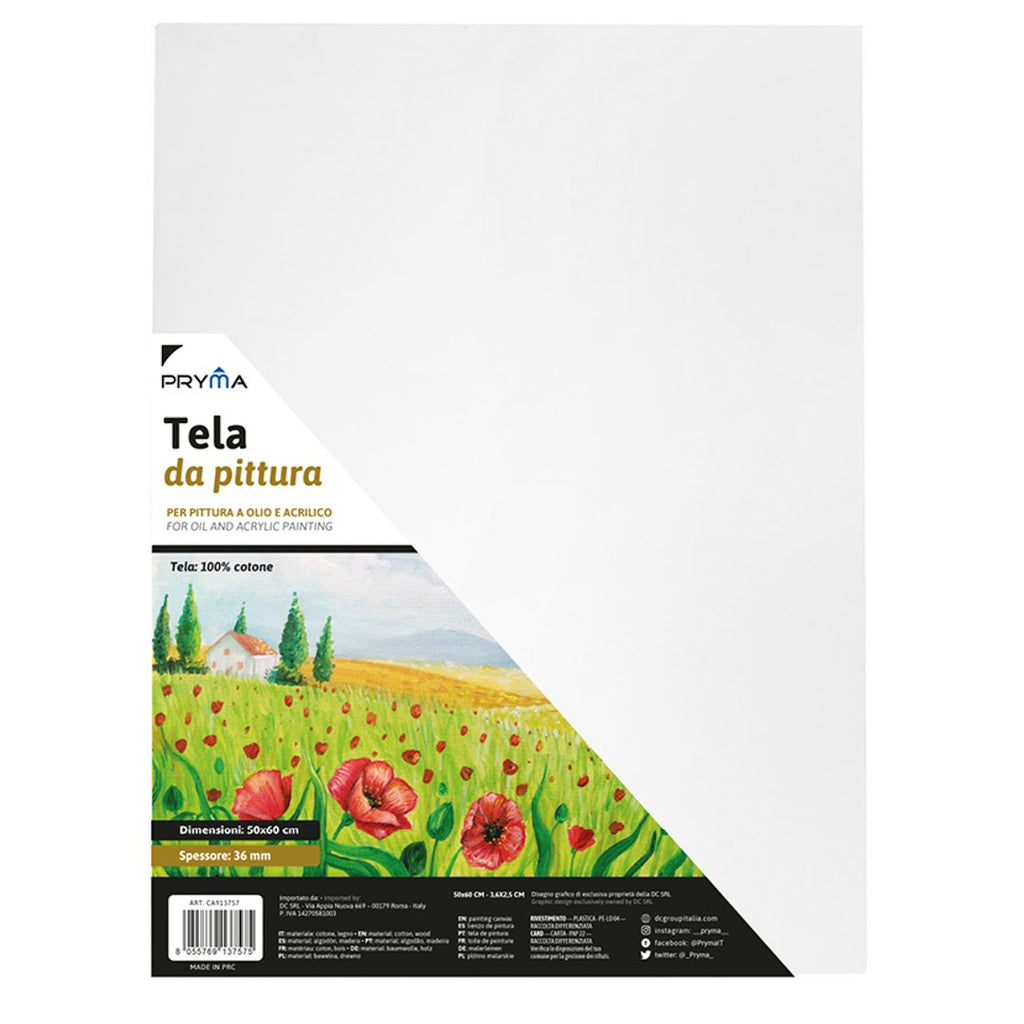 Pryma Tela per Pittura Altezza di 3,6 cm - Tela per Artisti, 100% Cotone, Pronta all'Uso, Ideale per Colori a Olio, Acrilici e Tempere (50x60 cm)