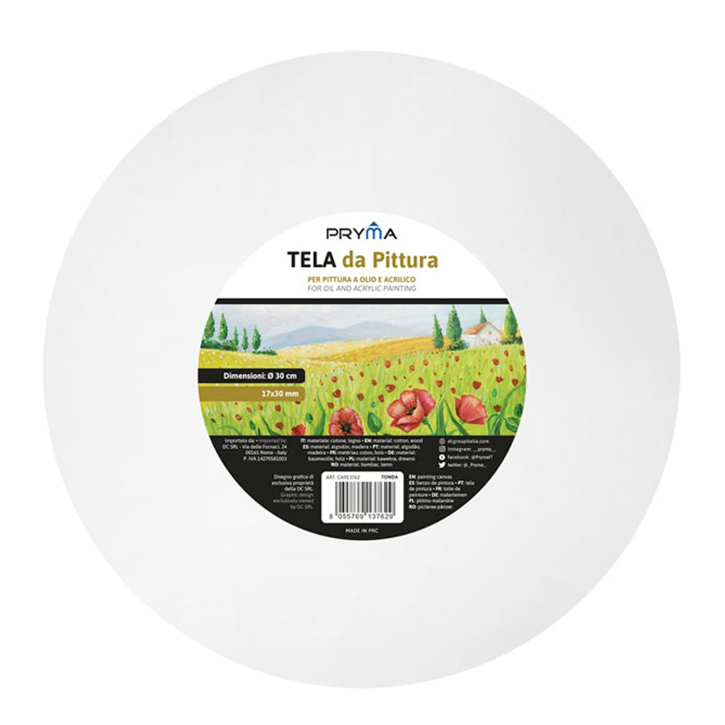 Pryma Tela Tonda da Pittura 30 cm – 100% Cotone – Tela Artistica su Telaio in Legno – Pronta all'Uso per Acrilico, Olio, Tempera