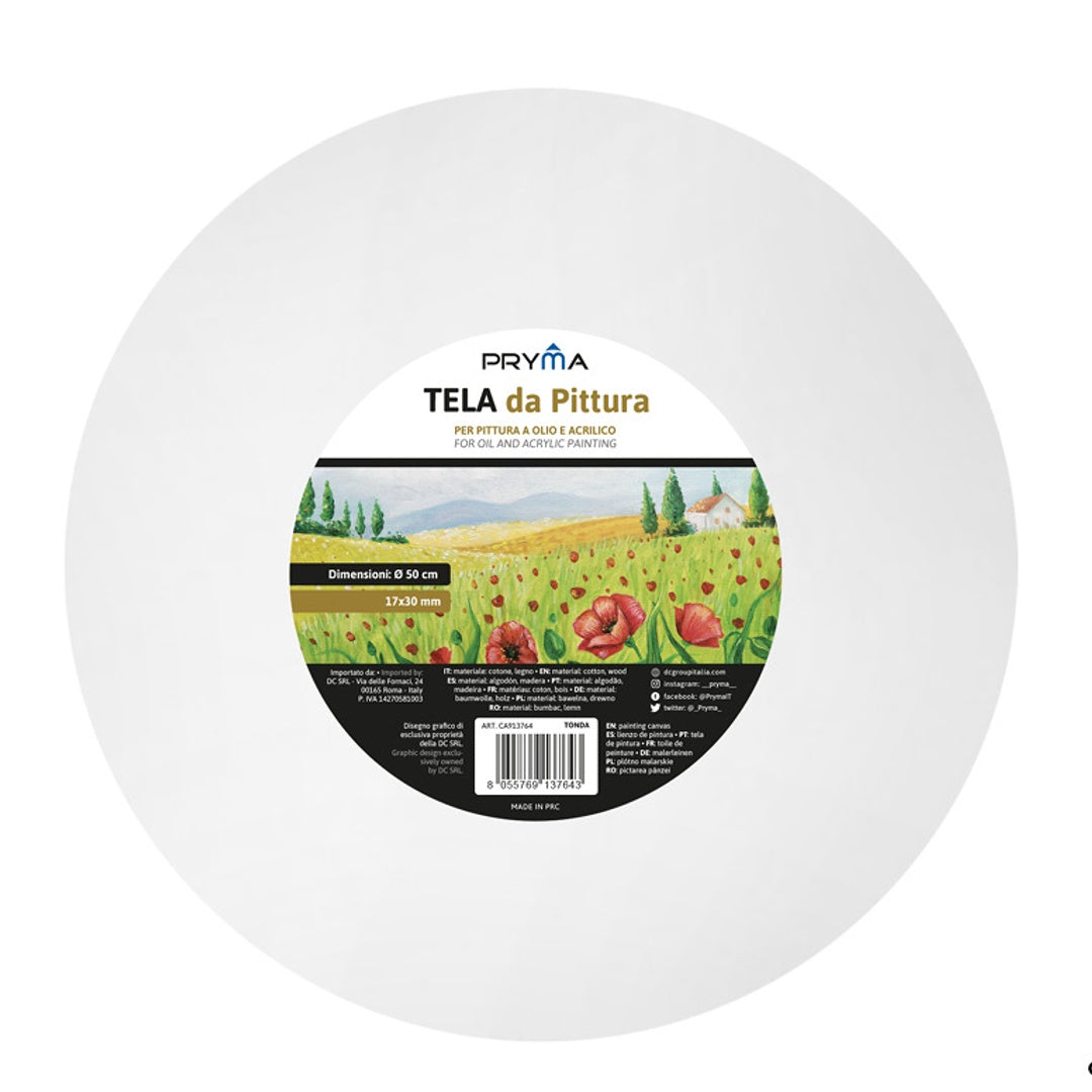 Pryma Tela da Pittura Tonda Ø 50 cm - Telaio Rotondo per Dipingere di Alta Qualità, Ideale per Artisti e Hobbisti - Tela per Acrilico, Olio e Tecniche Miste