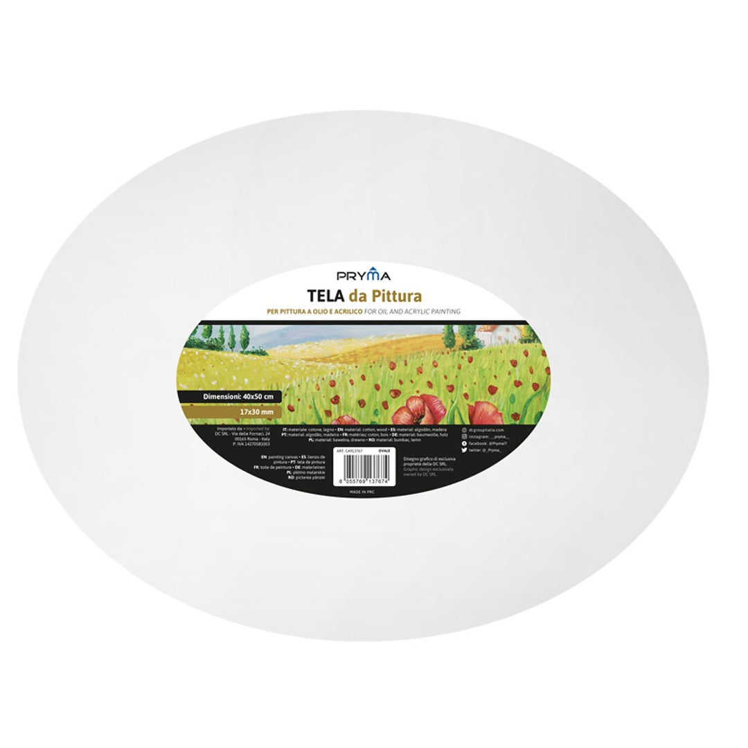 Pryma Tela da Pittura Ovale 40x50 Cm – Superficie 100% Cotone | Ideale per Acrilico, Olio e Tecniche Miste | Pronta All'Uso con Telaio in Legno