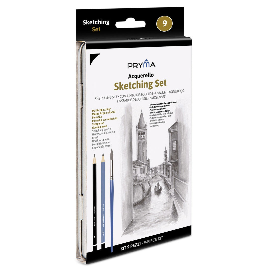 Pryma Set Matite Sketching Acquerellabili 9 Pezzi – Matite da Disegno e Acquerello con Pennelli, Temperino e Gomma Pane – Ideale per Artisti e Studenti