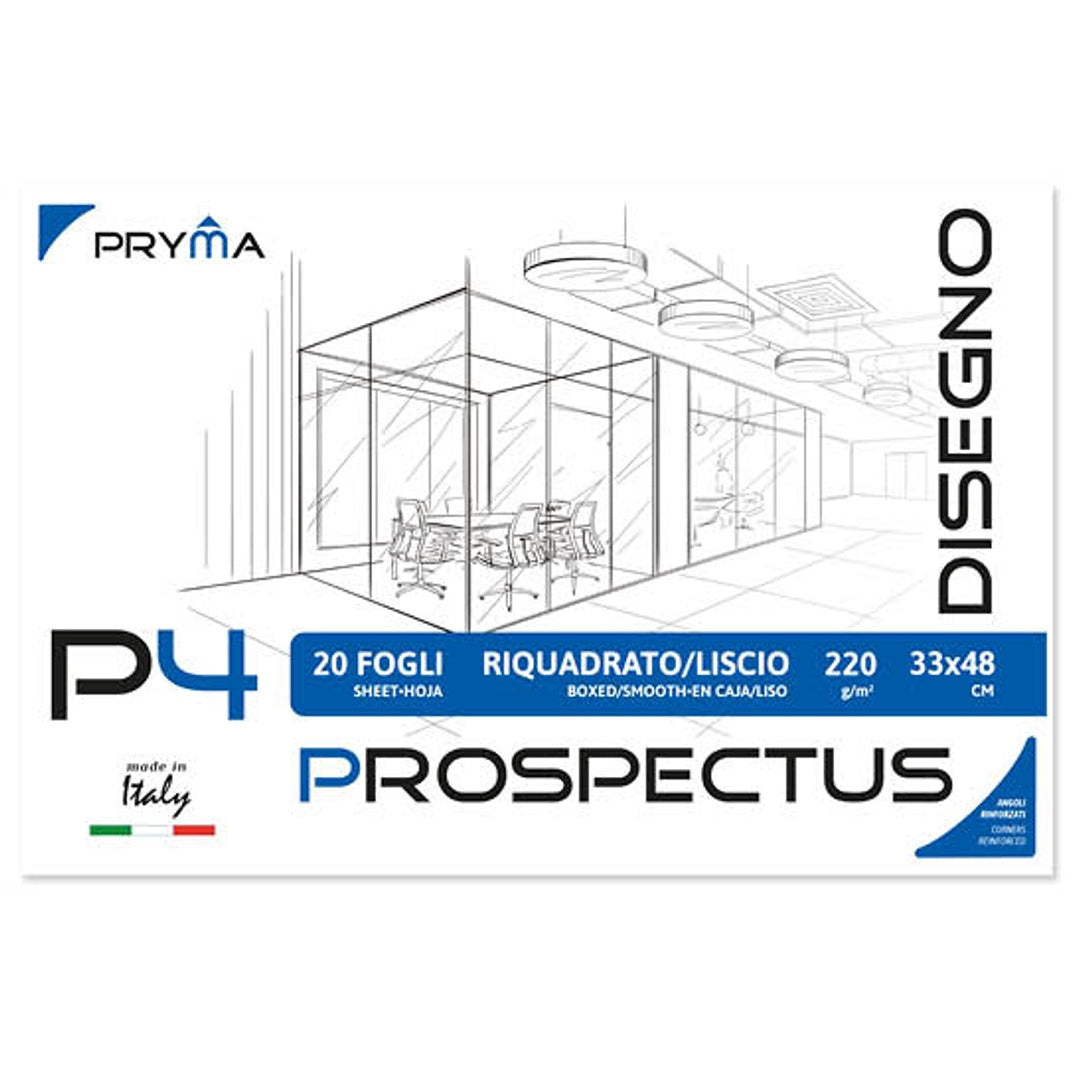 Pryma P4 Album da Disegno A3 – 20 Fogli 220 g/m² – Carta Bianca Spessa per Schizzi, Disegni Tecnici, Matite e Acquerello – Formato 33x48 cm (Fogli Lisci Riquadrati)