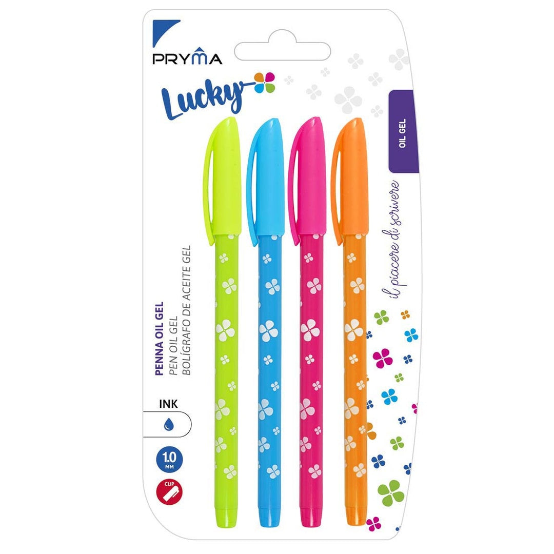 Pryma Penna Oil Gel Lucky 1mm – Set 4 Pezzi | Scrittura Scorrevole e Precisa | Inchiostro Blu a Base D’Olio | Tappo con Clip
