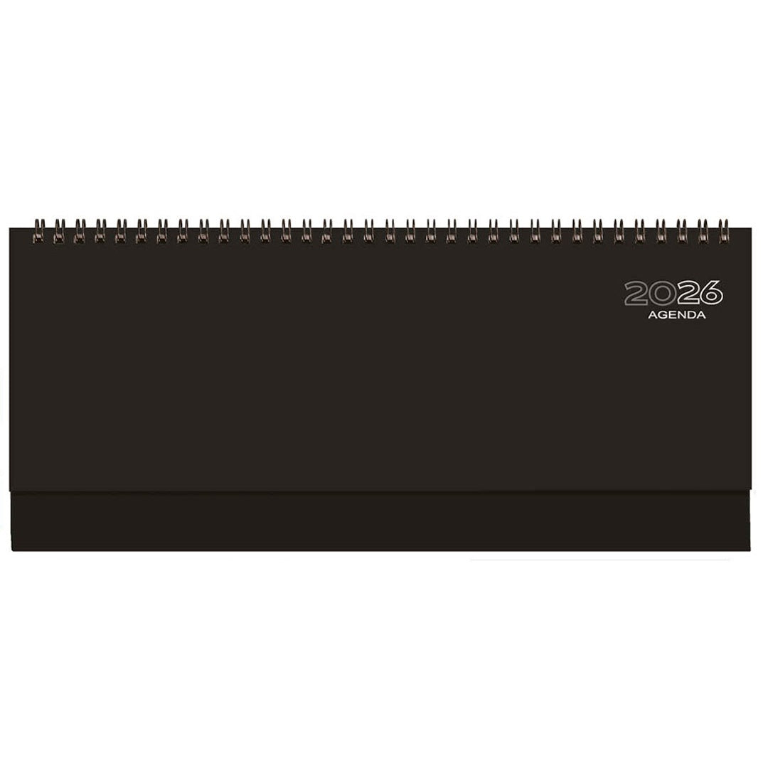 Pryma Agenda Planning 2026 – 128 Fogli 70g, Formato 29x15 Cm, Copertina Rigida Nera – Agenda Settimanale da Tavolo