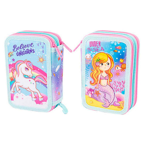Astuccio 3 Scomparti, Double face, per Scuola Infanzia Elementari, Pieno Con Accessori Scuola e 18 Pennarelli Giotto Turbo Color, 3 Zip (Bimba Sirena e Unicorno)