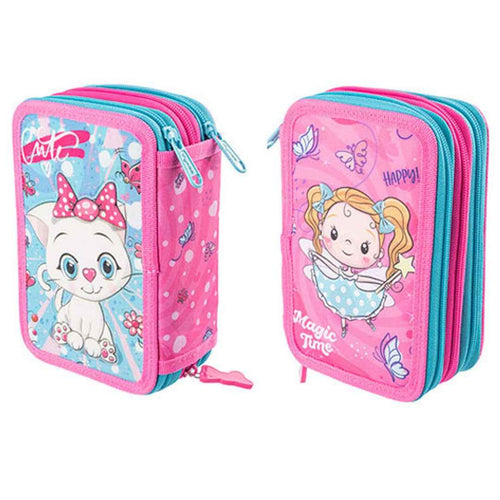 Astuccio 3 Scomparti, Double face, per Scuola Infanzia Elementari, Pieno Con Accessori Scuola e 18 Pennarelli Giotto Turbo Color, 3 Zip (Bimba Ballerina e Gatto)
