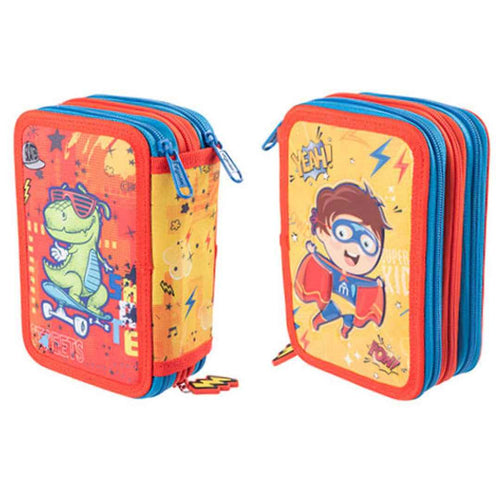Astuccio 3 Scomparti, Double face, per Scuola Infanzia Elementari, Pieno Con Accessori Scuola e 18 Pennarelli Giotto Turbo Color, 3 Zip (Bimbo Eroe e Dinosauro)