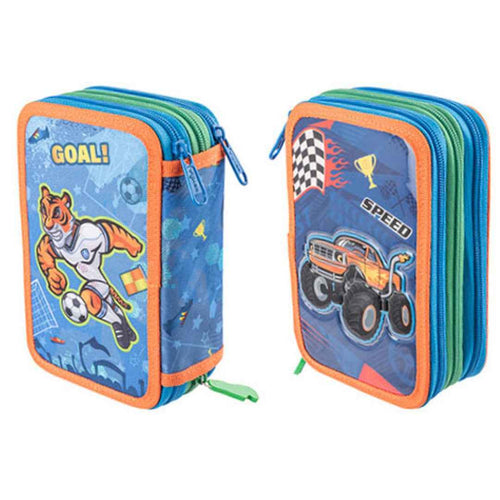 Astuccio 3 Scomparti, Double face, per Scuola Infanzia Elementari, Pieno Con Accessori Scuola e 18 Pennarelli Giotto Turbo Color, 3 Zip (Bimbo Tigre e Macchina)