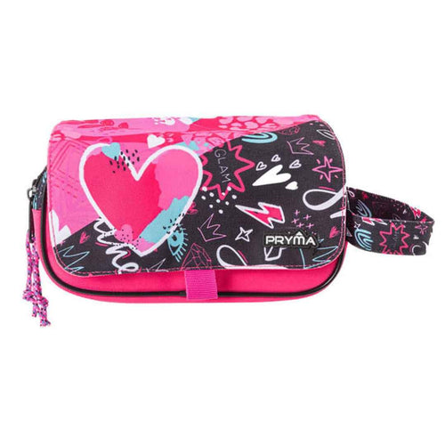 Astuccio Capiente 3 Scomparti, per Scuola Elementare e Media, 3 Zip, Coperchio con Velcro con Etichetta Scrivibile (Cuore Bimba)