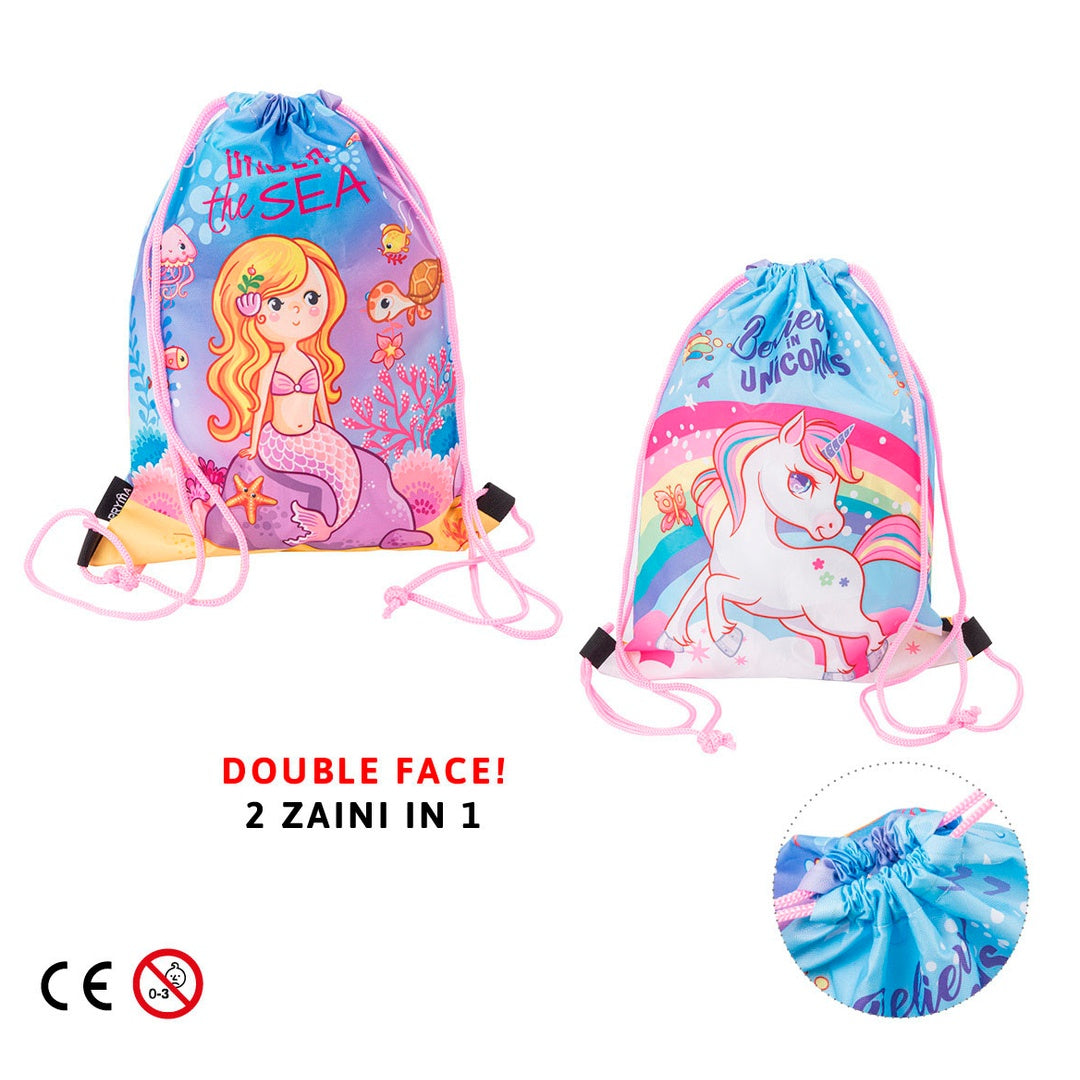 Pryma Zaino Sacco Double Face 25x35 cm per Bambina – Sacca Portatutto Reversibile con Fantasie Sirena e Unicorno – Zainetto Leggero con Lacci Regolabili per Scuola dell'Infanzia e Asilo
