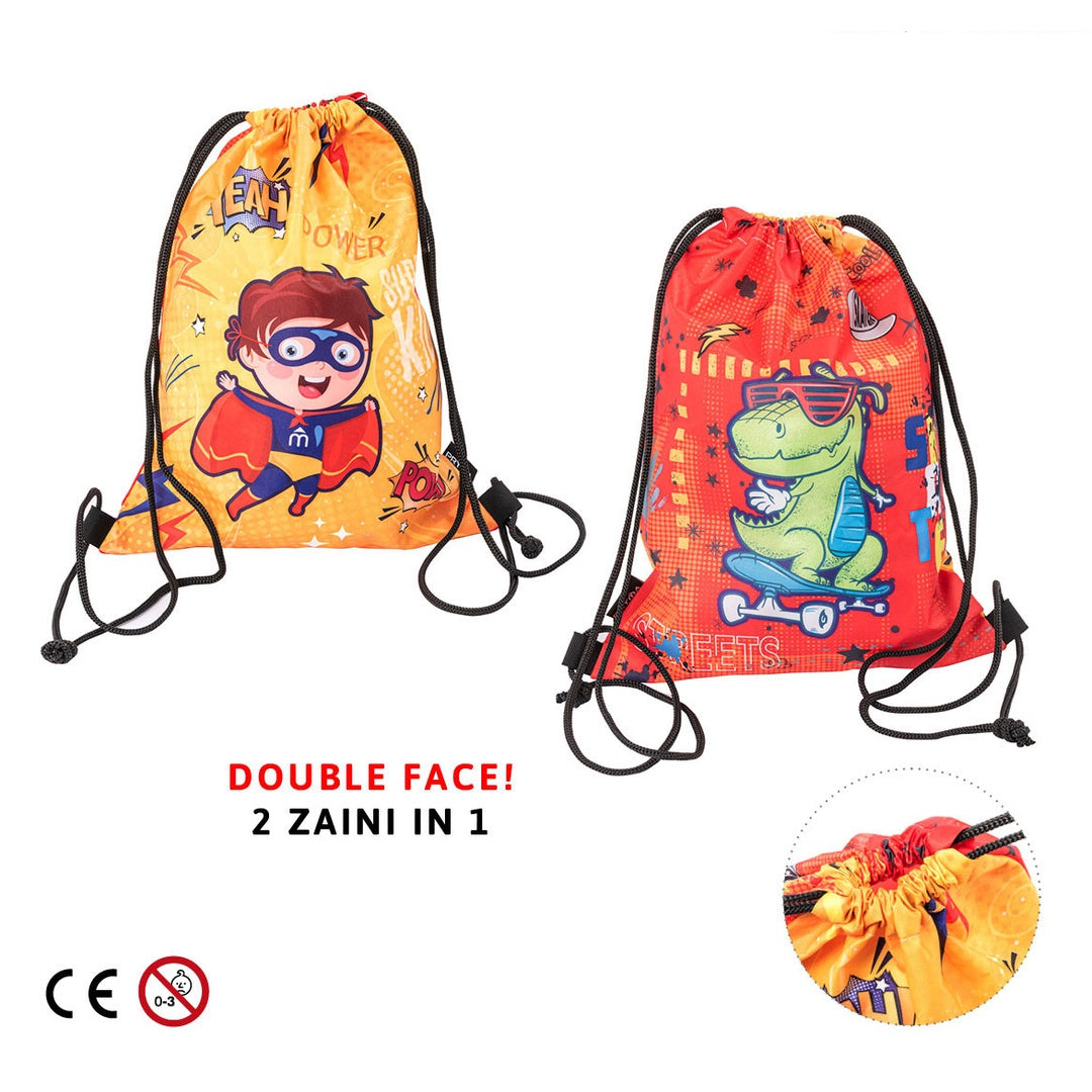 Pryma Zaino Sacco Double Face, 25 X 35 Cm, Scuola Dell'Infanzia e Asilo, Sacca Portatutto, (Eroe e Dinosauro)