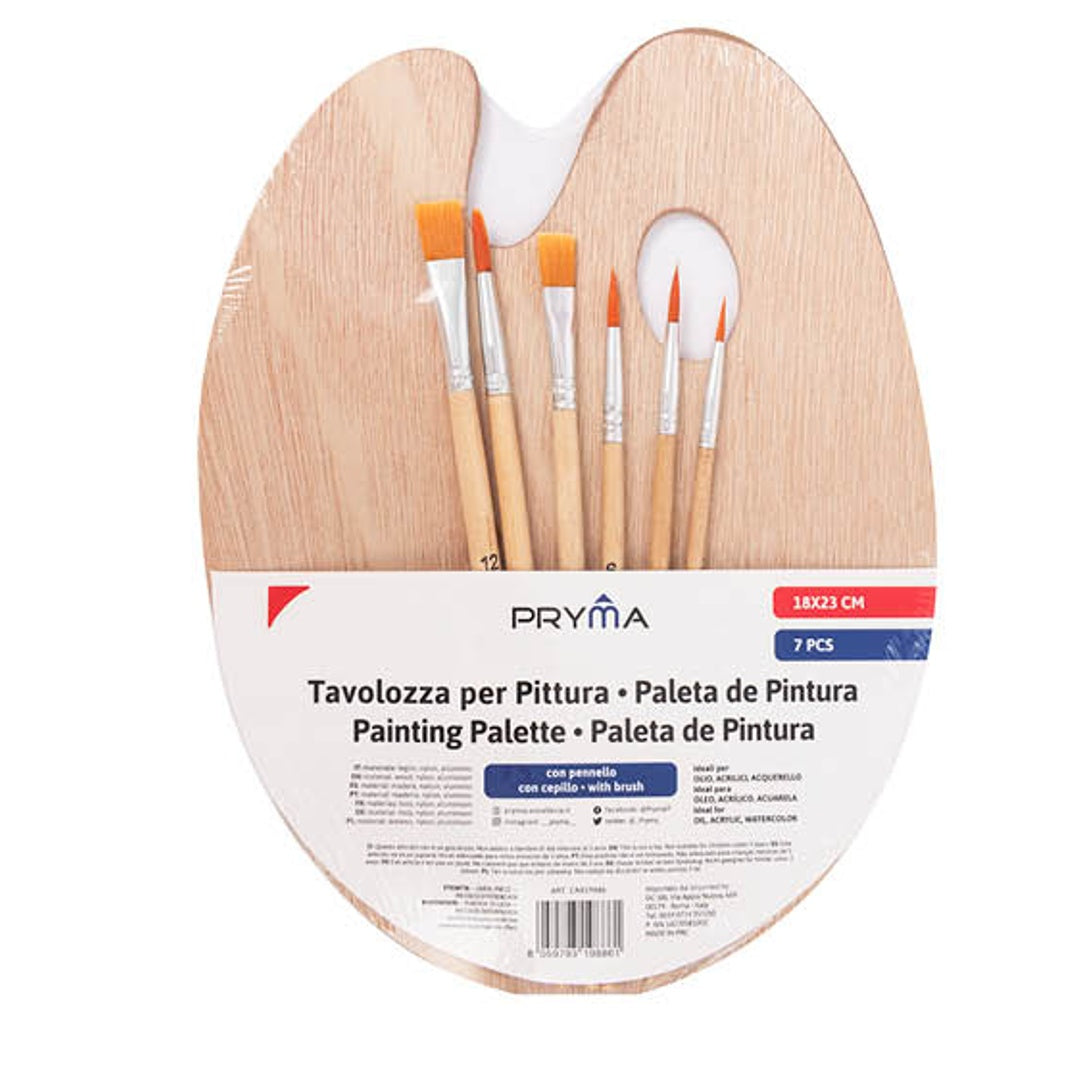 Pryma Tavolozza con 6 Pennelli - Set Completo per Pittura e Disegno - Ideale per Artisti, Principianti e Hobby - Include Pennelli di Diversi Formati e Materiali