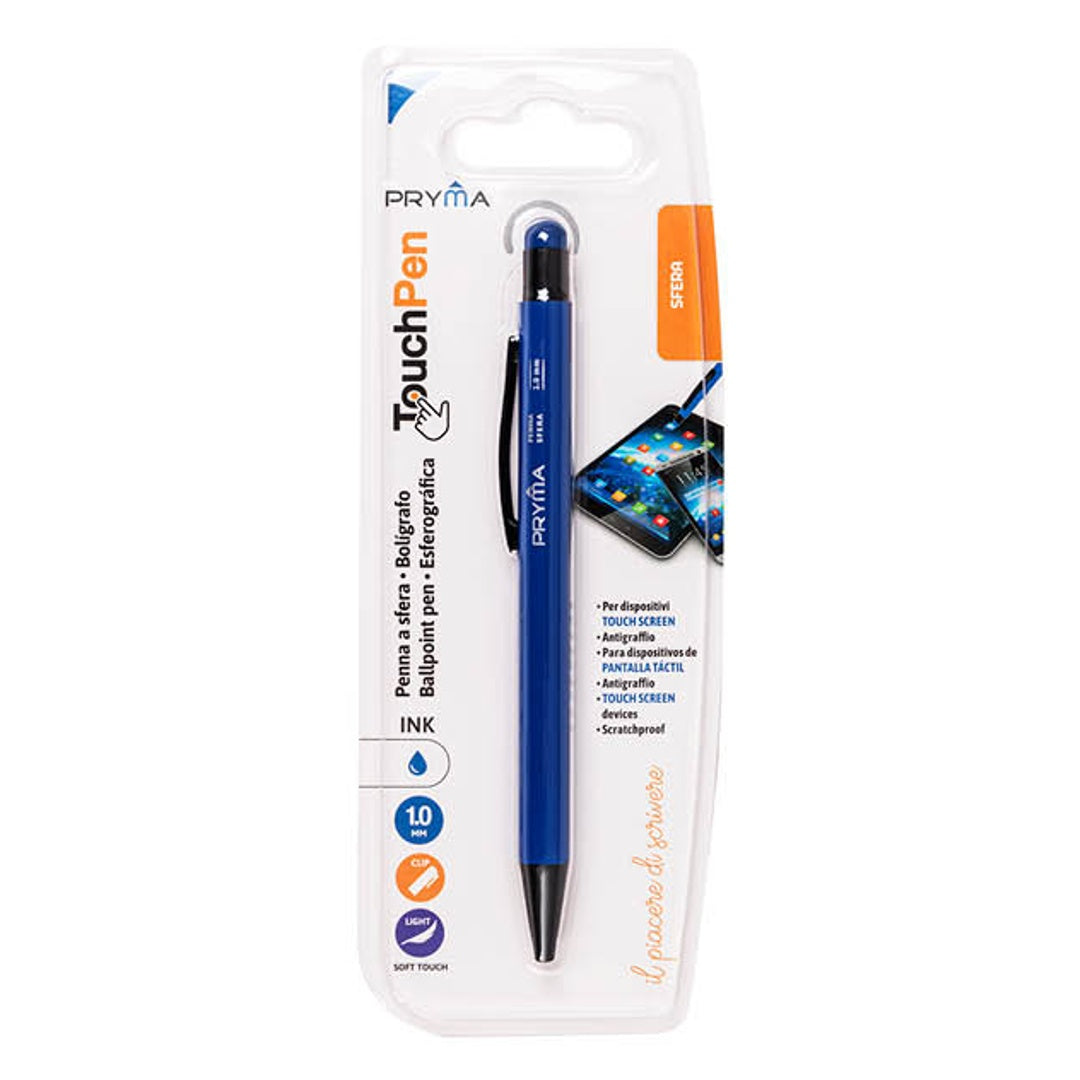 Pryma Penna a Sfera Touch Screen 1 mm – Penna con Gommino Touch per Smartphone e Tablet, Scrittura Scorrevole, Design Elegante per Ufficio, Scuola e Casa (Blu)