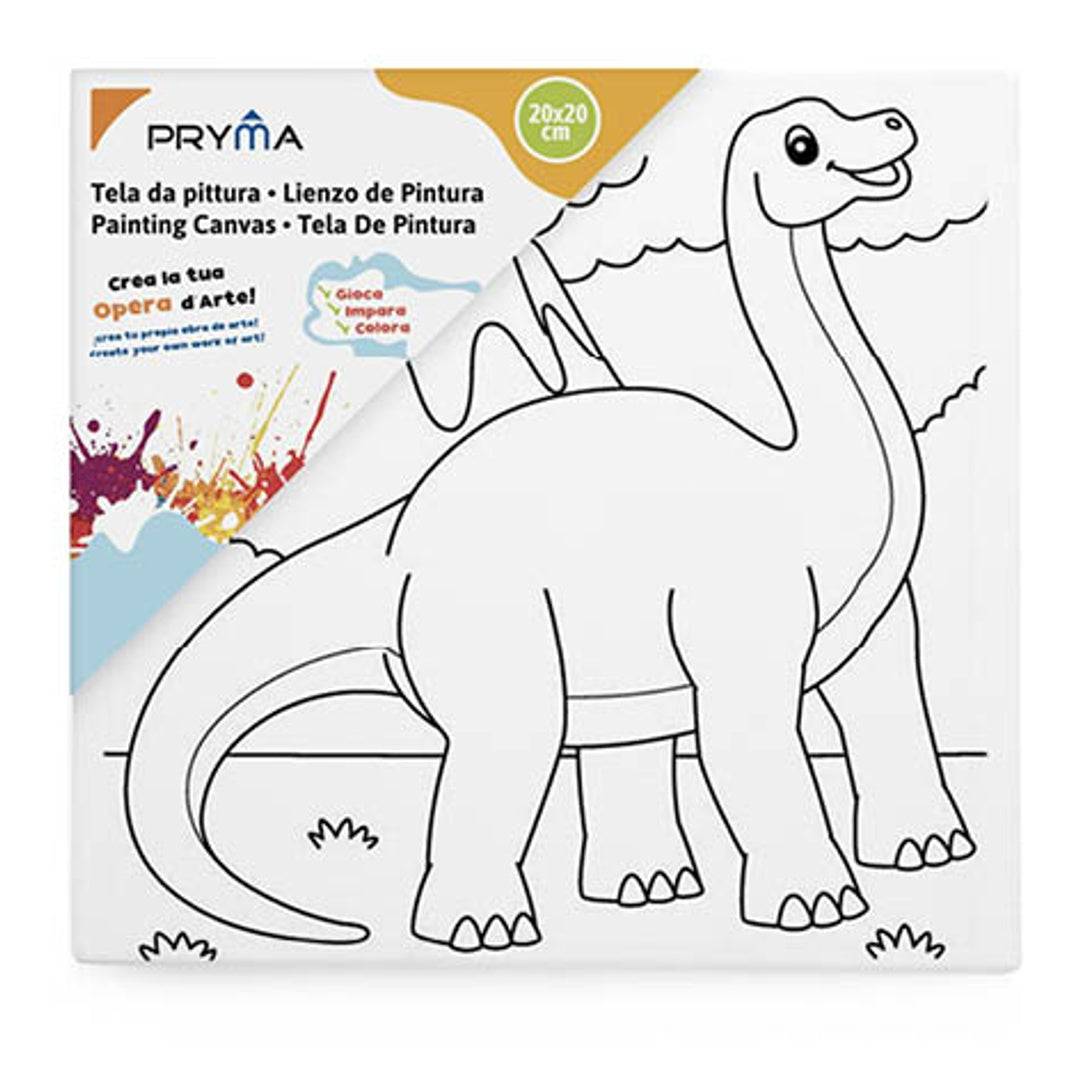 Pryma Tela da Colorare 20x20 cm 4 pz – Disegno pre stampato per Bambini – Tela Pre-stampata per Pittura e Decorazione – Attività Creativa e Educativa (Dino)
