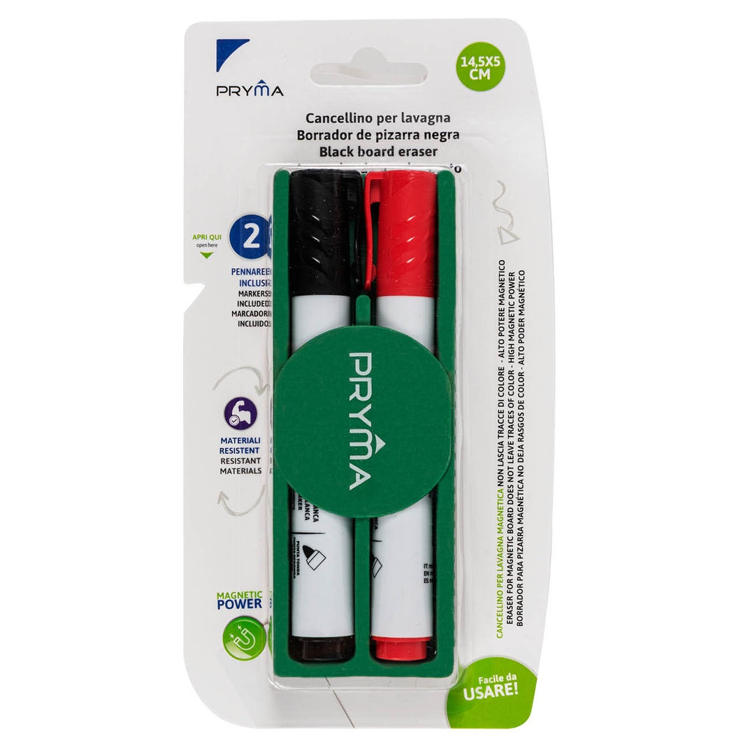 Pryma Cancellino per Lavagna Bianca 14x5 Cm + 2 Pennarelli Cancellabili (Rosso e Nero) – Set Accessori Cancelleria Ufficio, Scuola, Casa