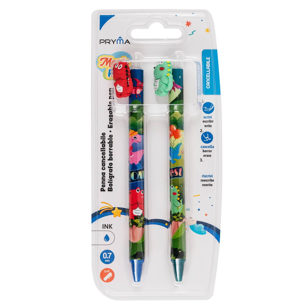 Pryma Magic Pen – Set 2 Penne a Sfera Cancellabili 0,7 Mm – Inchiostro Blu Cancellabile – Scrittura Fluida e Precisa (Fantasia Dinosauro)