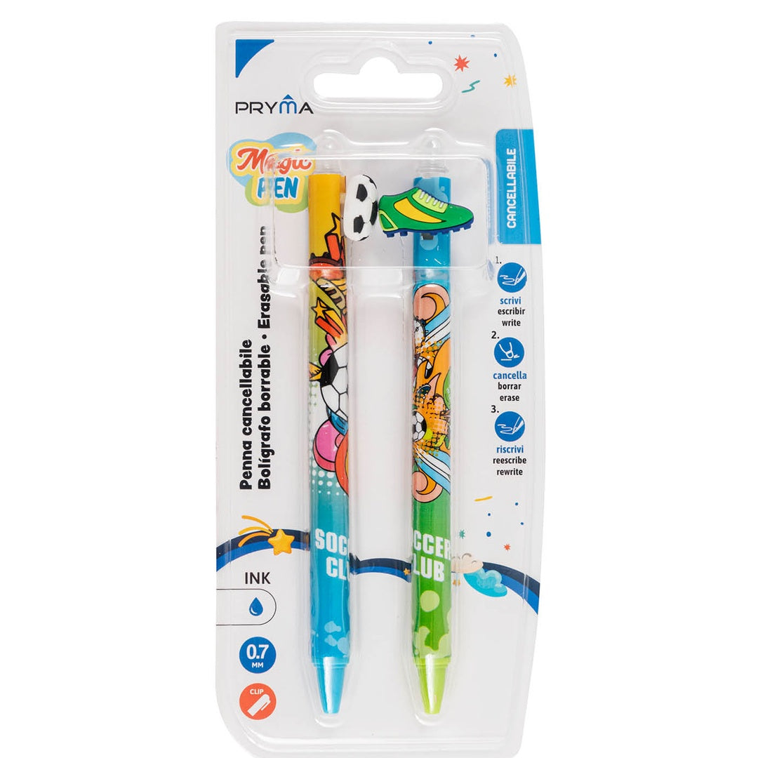 Pryma Magic Pen – Set 2 Penne a Sfera Cancellabili 0,7 Mm – Inchiostro Blu Cancellabile – Scrittura Fluida e Precisa (Fantasia Sport)