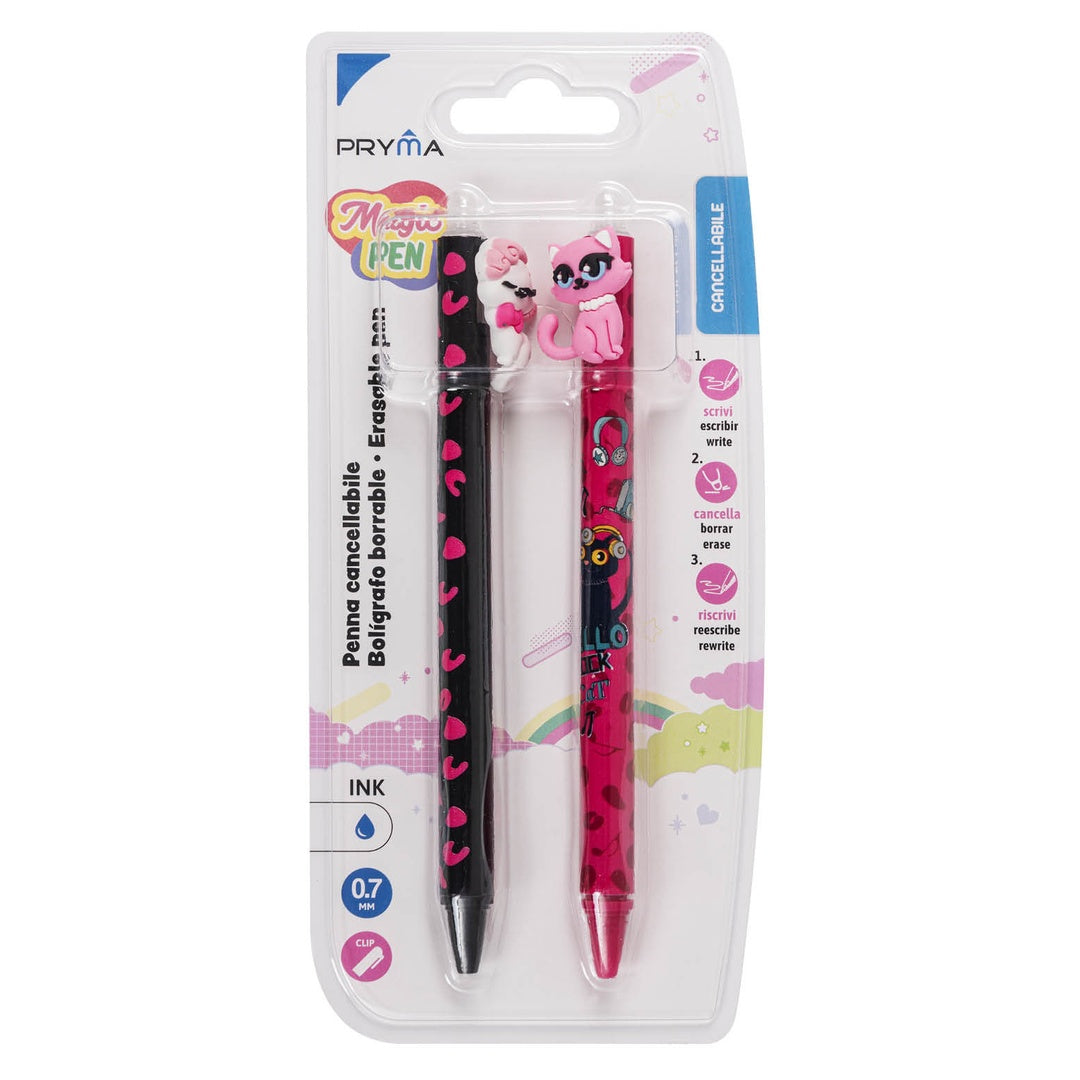 Pryma Magic Pen – Set 2 Penne a Sfera Cancellabili 0,7 Mm – Inchiostro Blu Cancellabile – Scrittura Fluida e Precisa - Fantasia Gatto