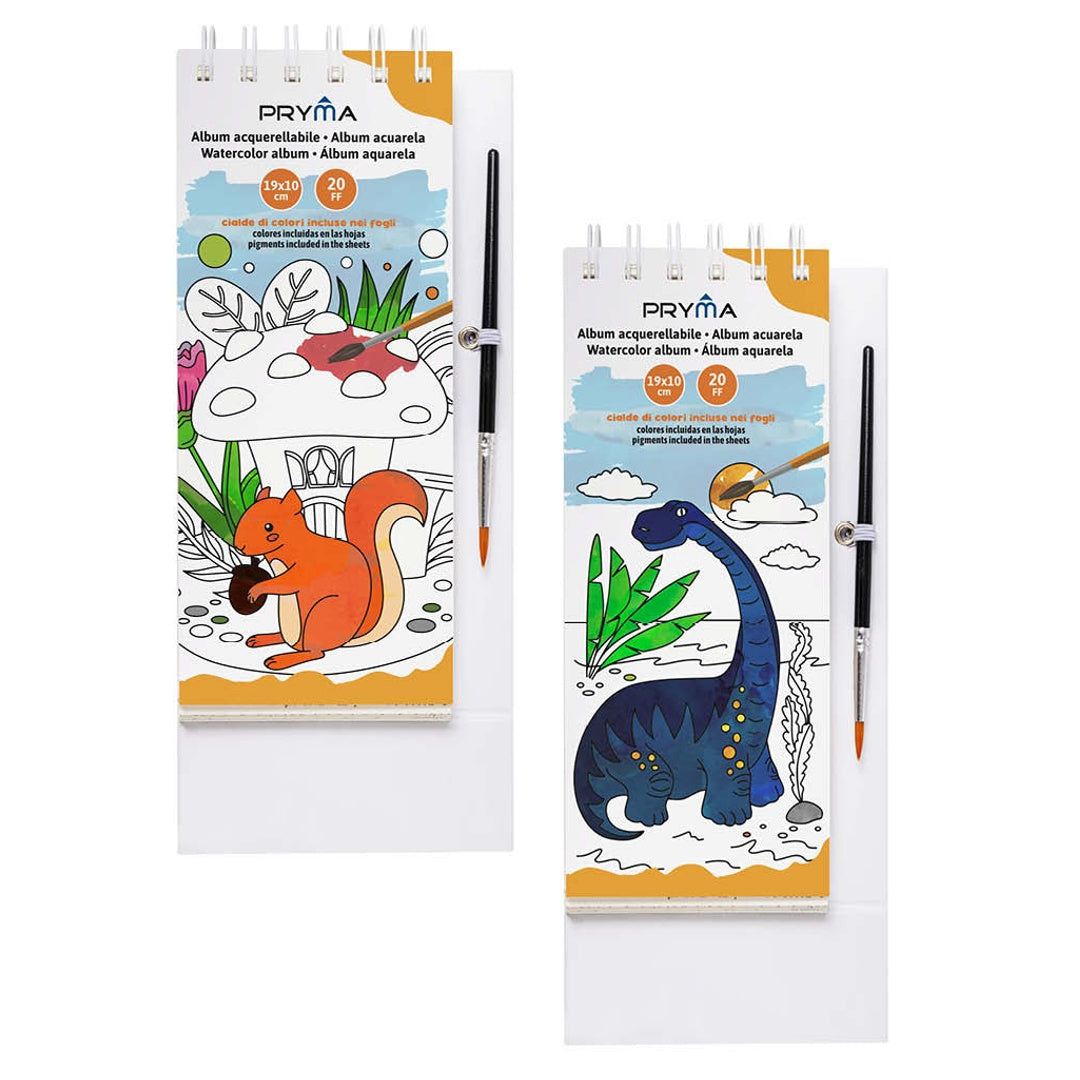 Pryma Album Acquerellabile 19x10 cm + Pennello | Carta Spessa per Acquerelli e Tecniche Miste | Compatto, Portatile e Resistente | Perfetto per i piccoli Artisti 2pz