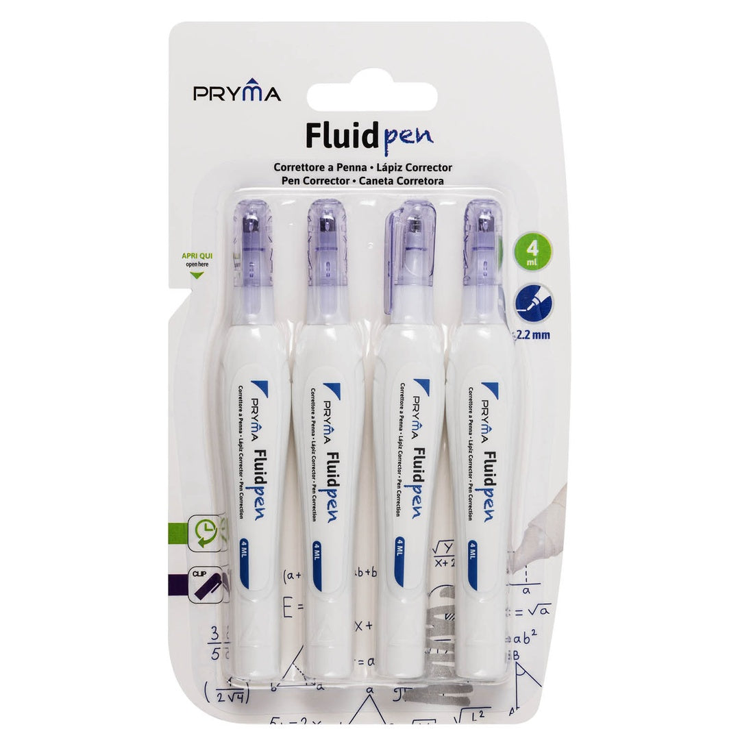 Pryma Correttore a Penna 4 Ml – Punta 2,2 Mm – Set 4 Pezzi Bianchetto a Penna ad Asciugatura Rapida – Correttore Preciso per Scuola e Ufficio