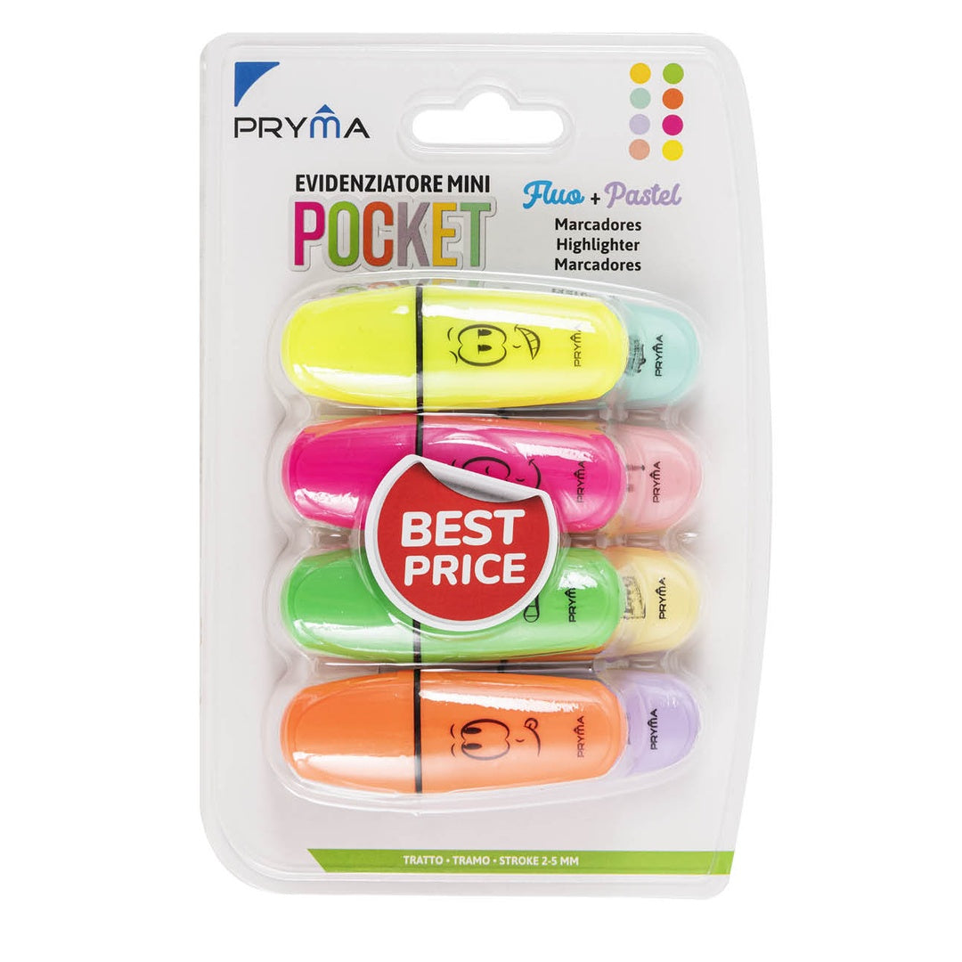 Pryma Evidenziatore Pocket Art Pastel Set 8 Pezzi – 4 Colori Fluo e 4 Colori Pastello – Punta a Scalpello 2-5 Mm – Inchiostro Luminoso e Lunga Durata
