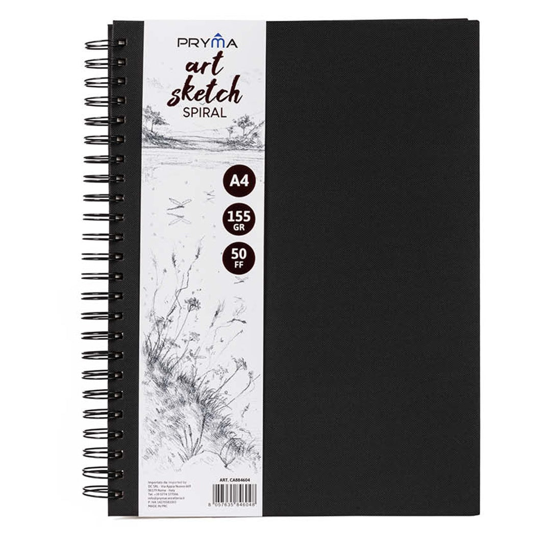 Pryma Album da Disegno ArtSketch A4 – 50 Fogli 155 g/m² – Rilegatura a Spirale – Copertina Rigida Nera – Blocco Disegno per Schizzi, Disegno Artistico e Tecnico