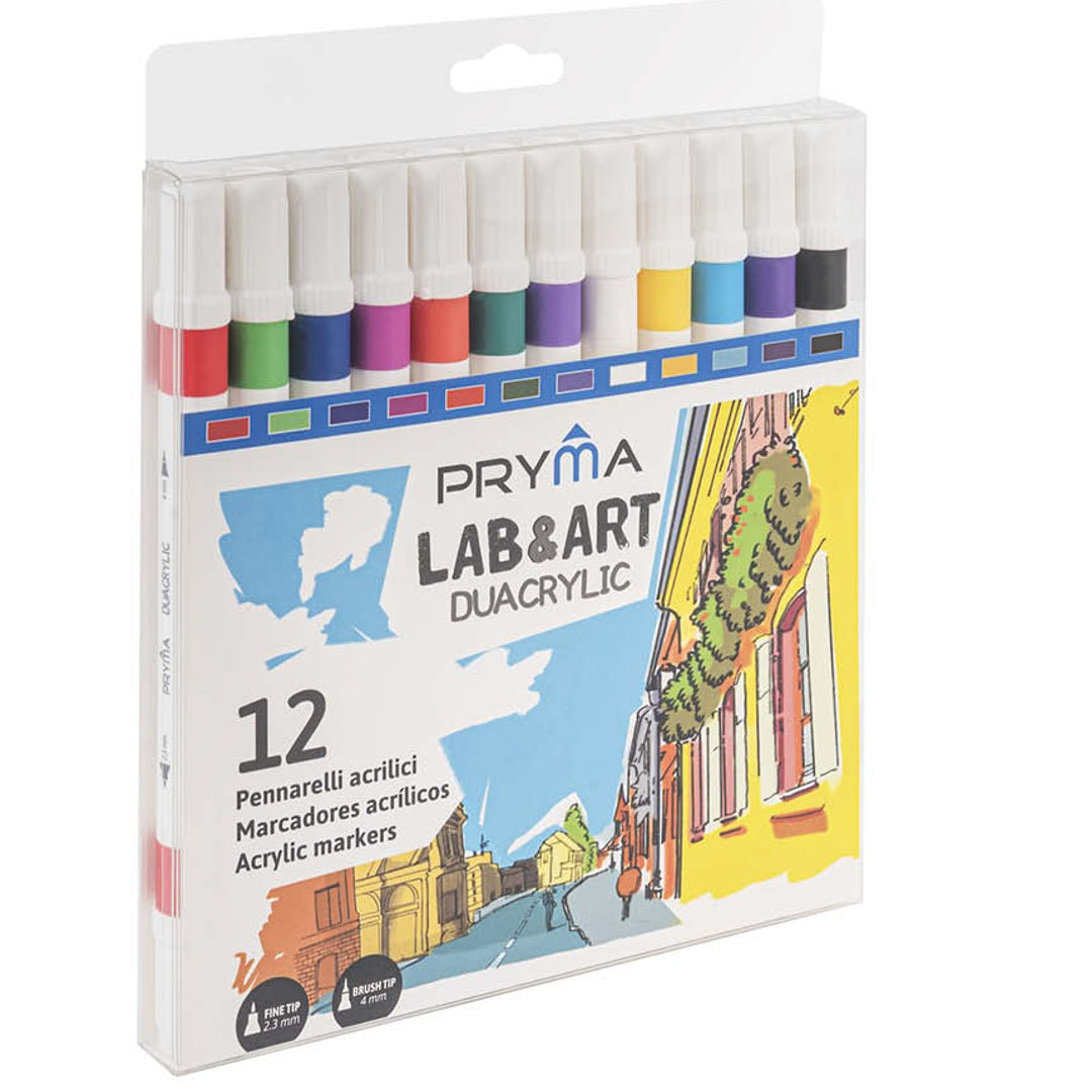 Pryma Set 12 Pennarelli Acrilici a Doppia Punta – Punta Brush 4 mm e Punta Fine 2,3 mm, 12 Colori Vivaci, Pennarelli Permanenti per Carta, Legno, Vetro e Tessuto
