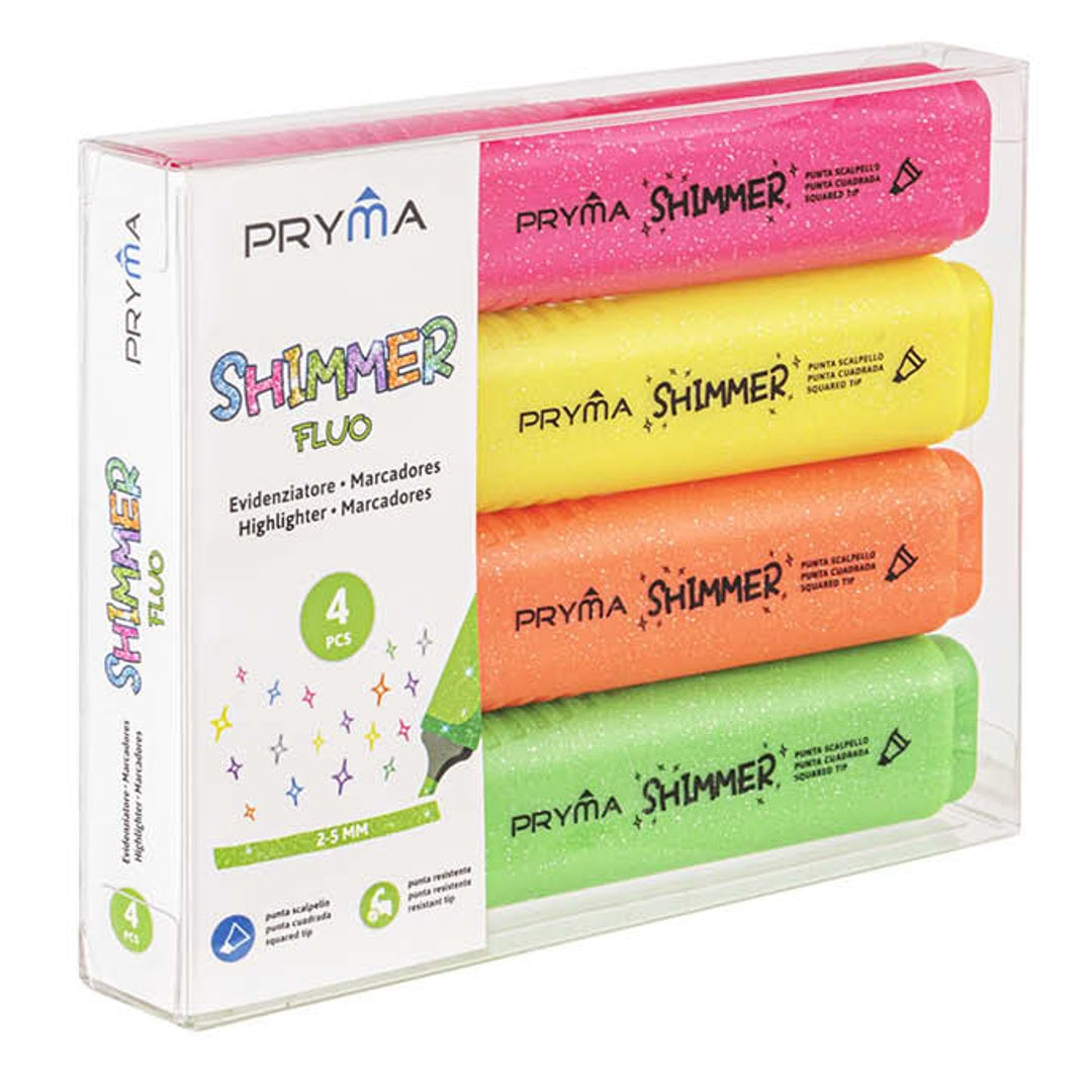 Pryma Set 4 Evidenziatori Colori Pastello con Punta a Scalpello 2-5 mm – 4 Colori: Rosa, Giallo, Viola e Azzurro – Effetto Pastello per Scuola, Ufficio, Diario e Planner (Colori Fluo)