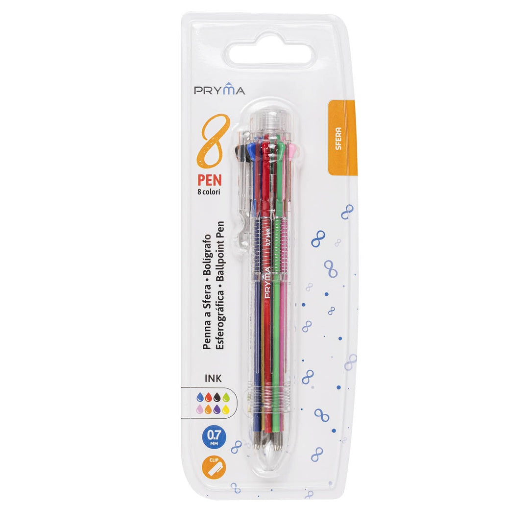 Pryma Penna a Sfera 8 in 1 0.7 Mm – Penna Multifunzione con 8 Colori – Punta Fine Scorrevole – Ideale per Scuola, Ufficio e Appunti